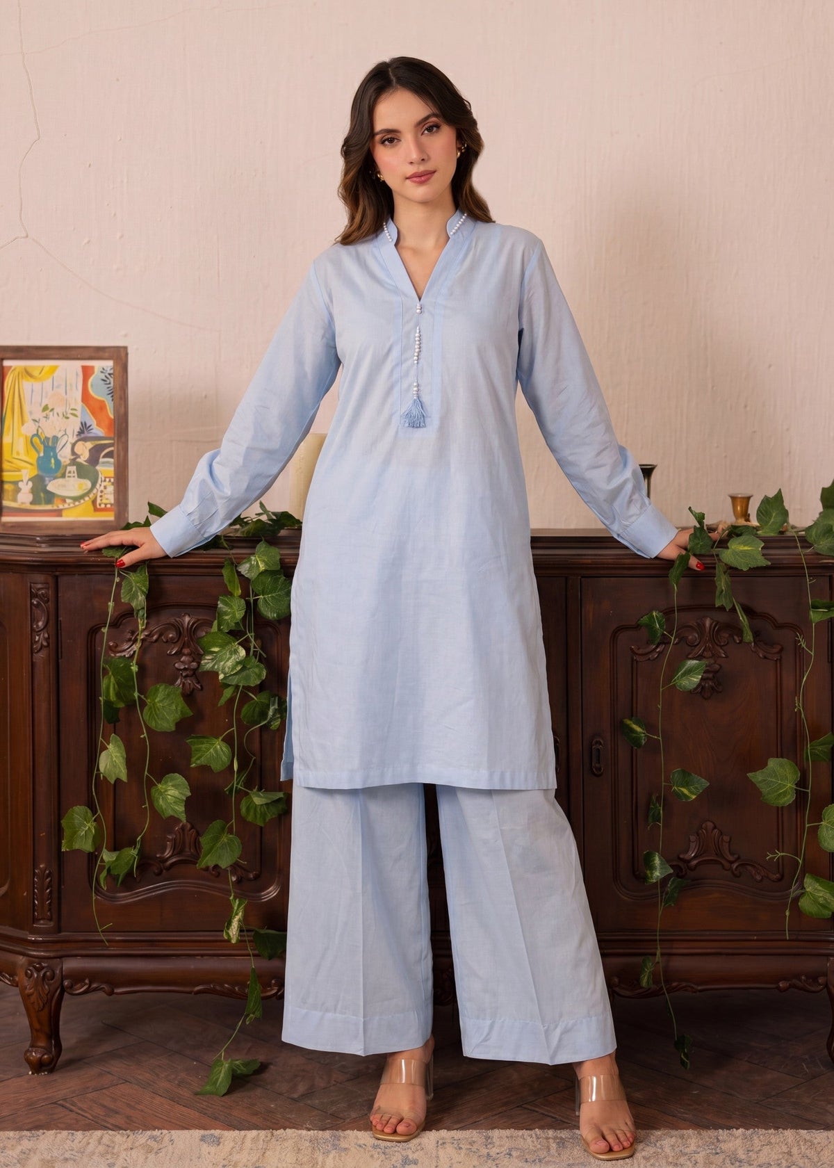 Tasseled Lawn Flapper Suit – Sky Blue, Summer Wear