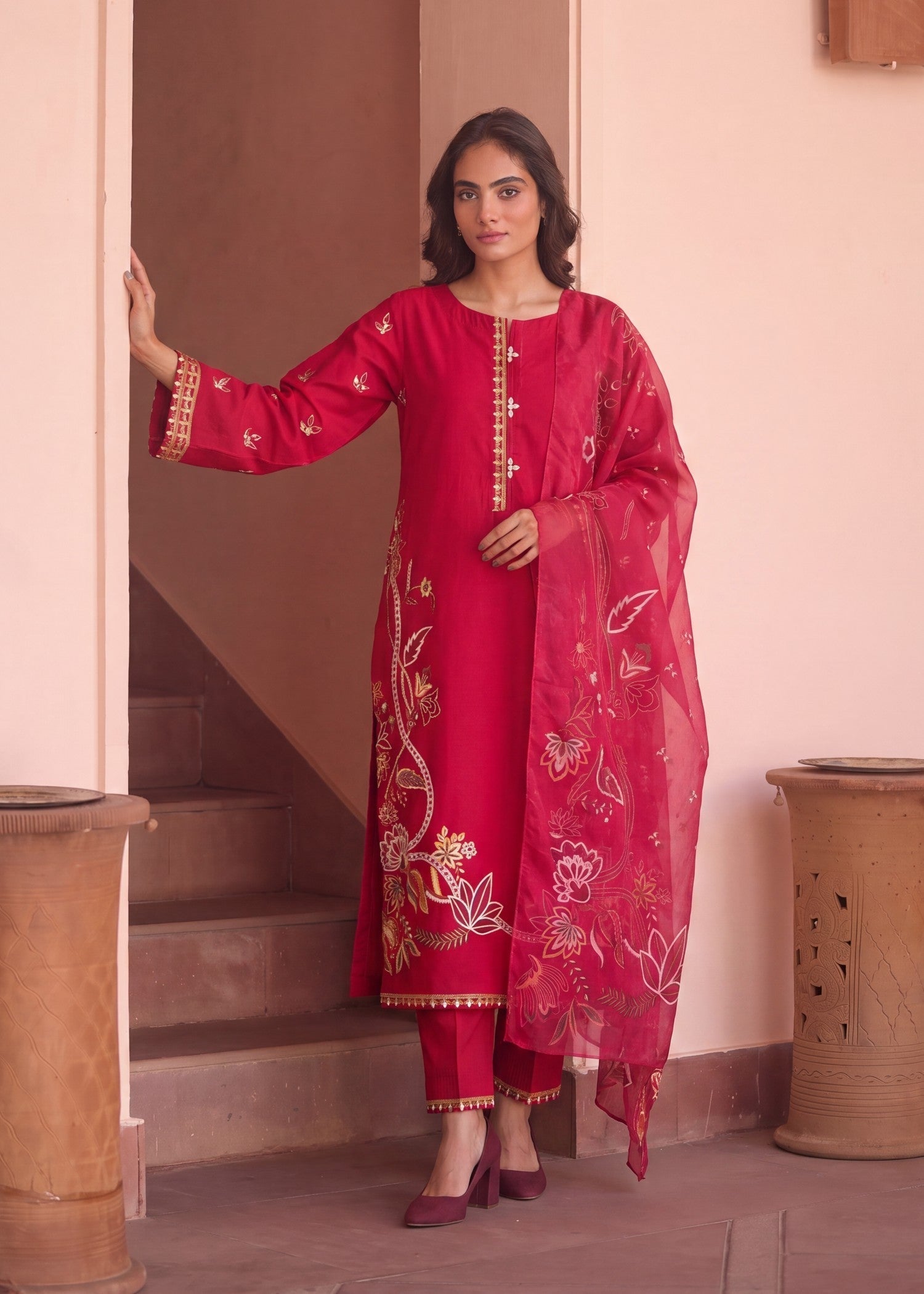 Embroidered Lawn 3-Piece Suit – Pink, Voile Dupatta