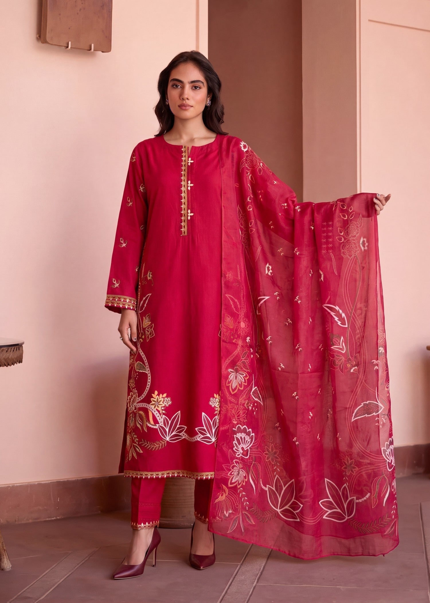 Embroidered Lawn 3-Piece Suit – Pink, Voile Dupatta