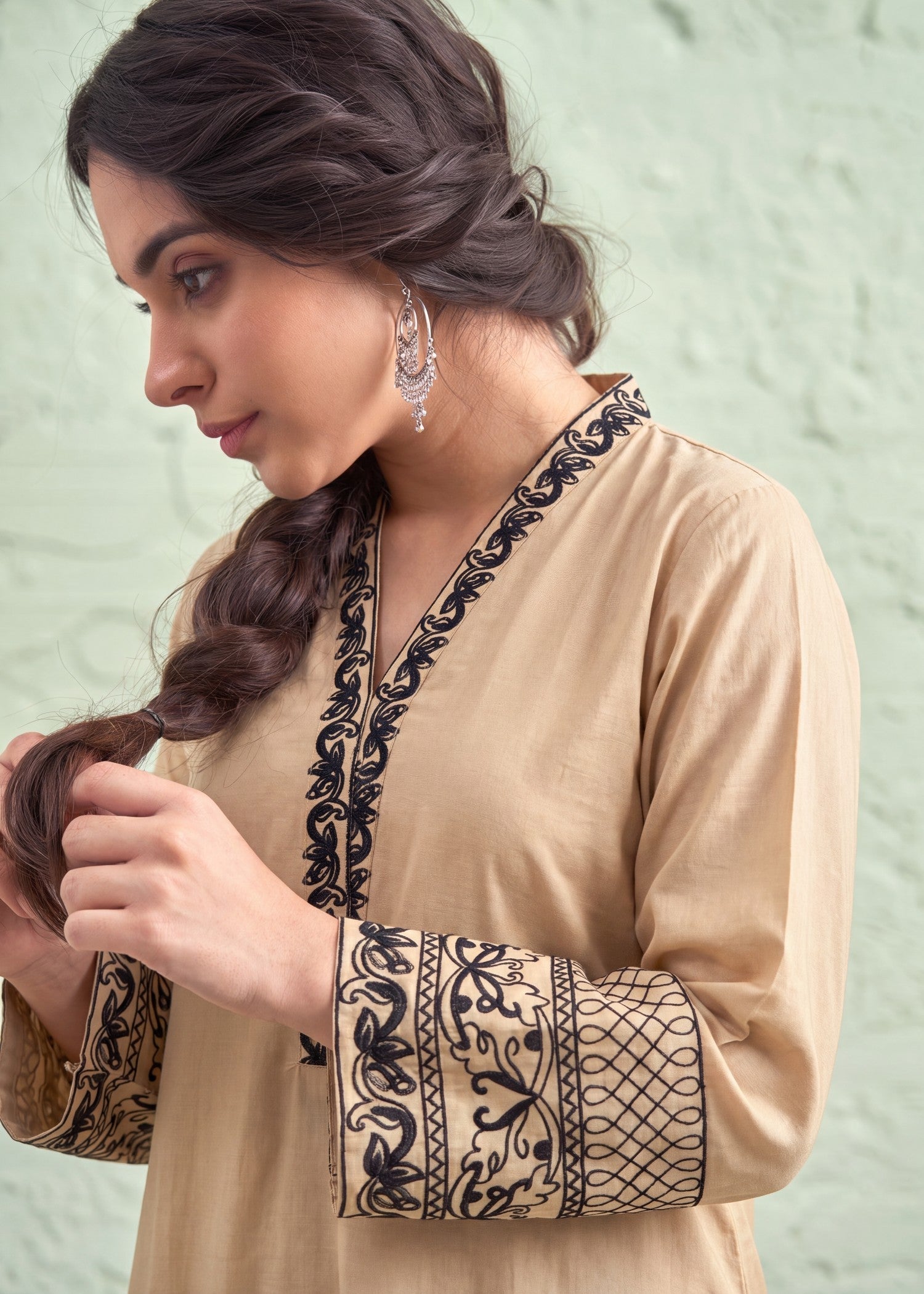 Embroidered Lawn 3-Piece Suit – Beige, Voile Dupatta