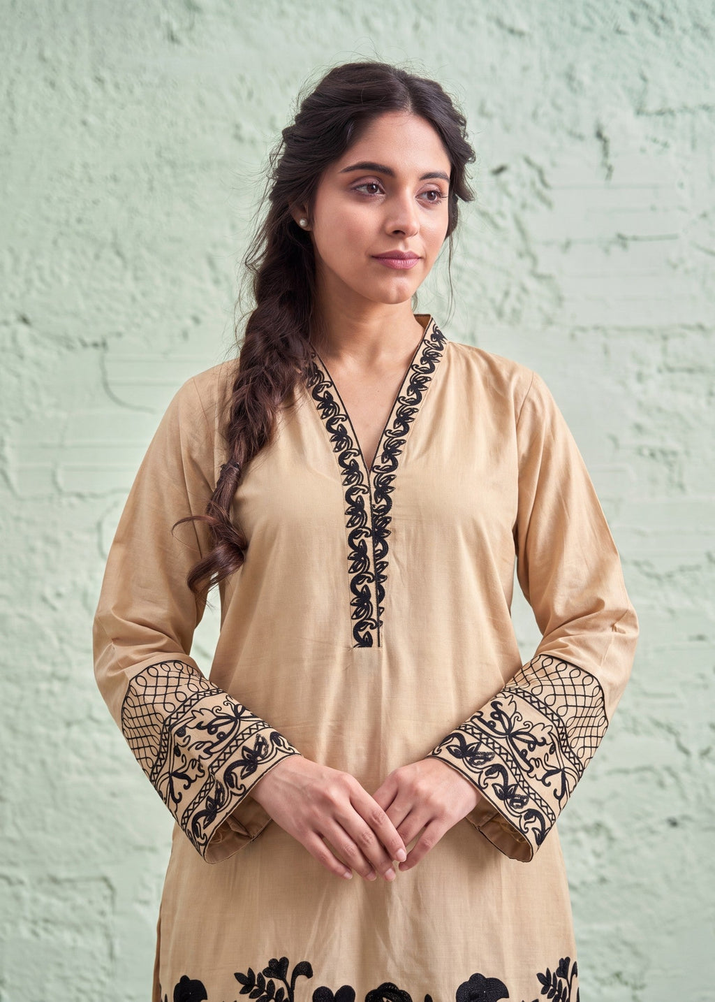 Embroidered Lawn 3-Piece Suit – Beige, Voile Dupatta