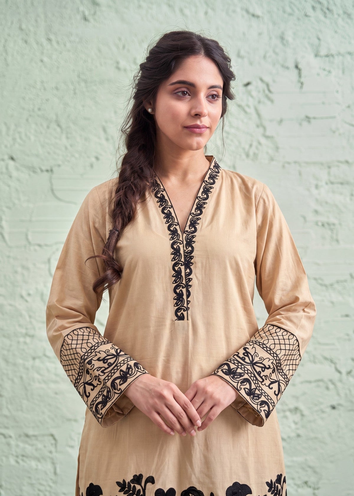 Embroidered Lawn 3-Piece Suit – Beige, Voile Dupatta