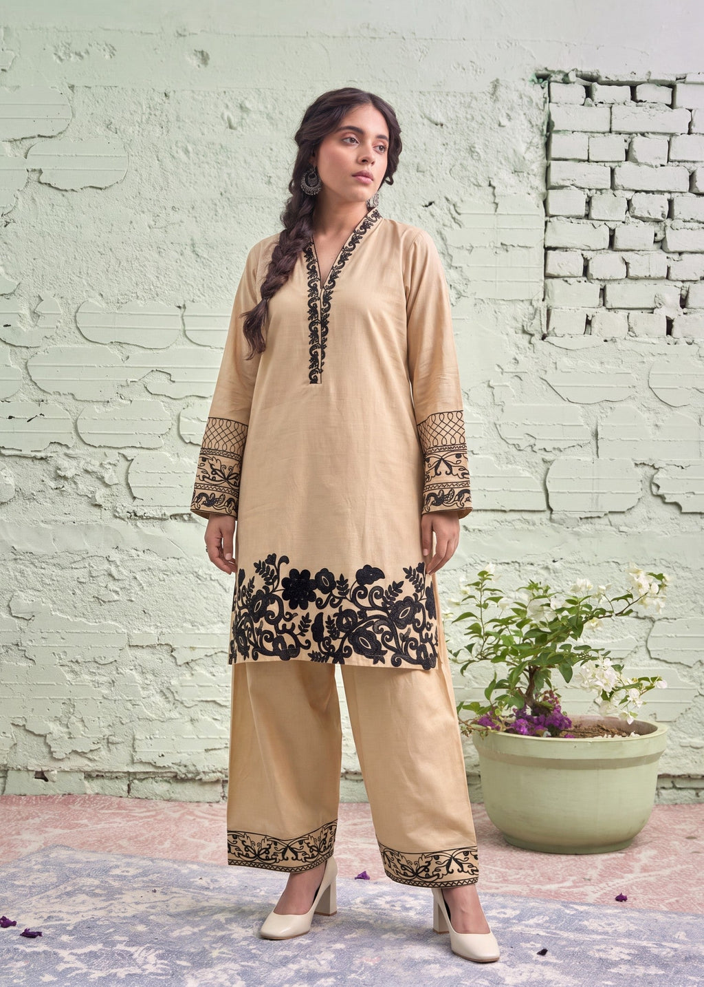 Embroidered Lawn 3-Piece Suit – Beige, Voile Dupatta