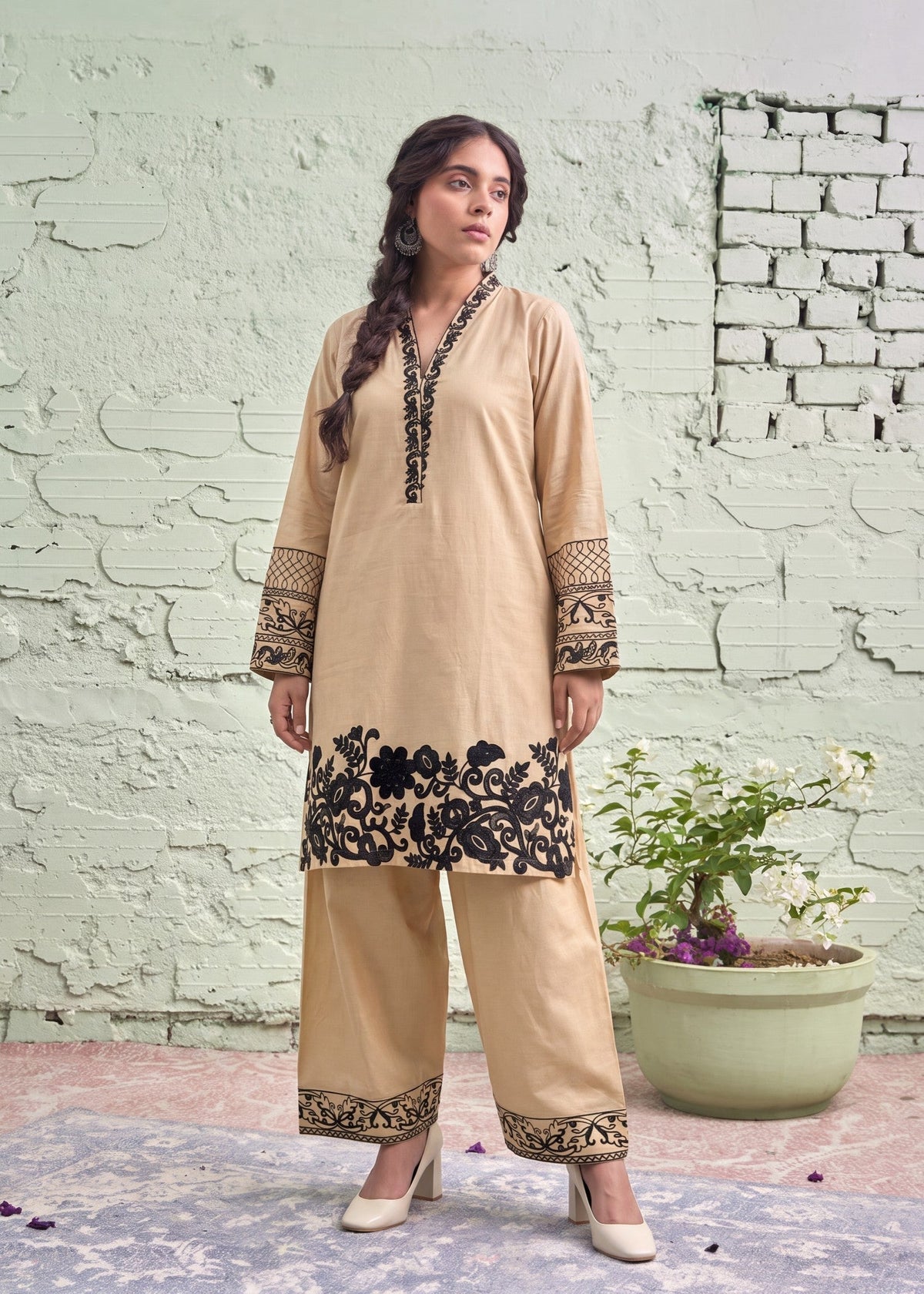 Embroidered Lawn 3-Piece Suit – Beige, Voile Dupatta
