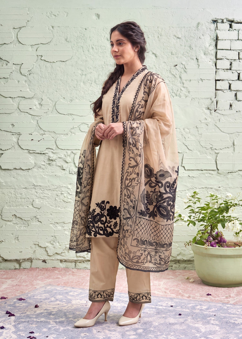 Embroidered Lawn 3-Piece Suit – Beige, Voile Dupatta
