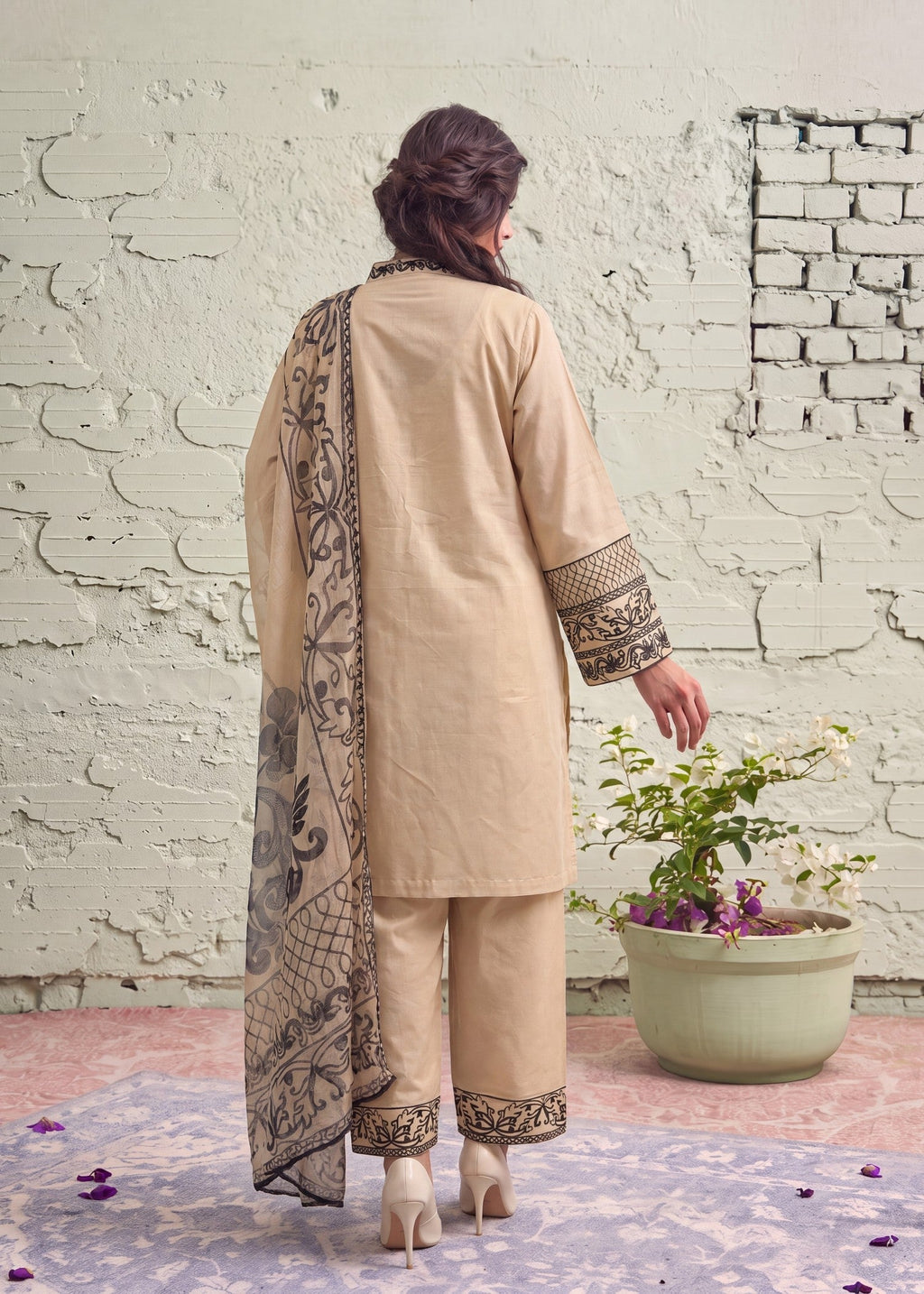 Embroidered Lawn 3-Piece Suit – Beige, Voile Dupatta