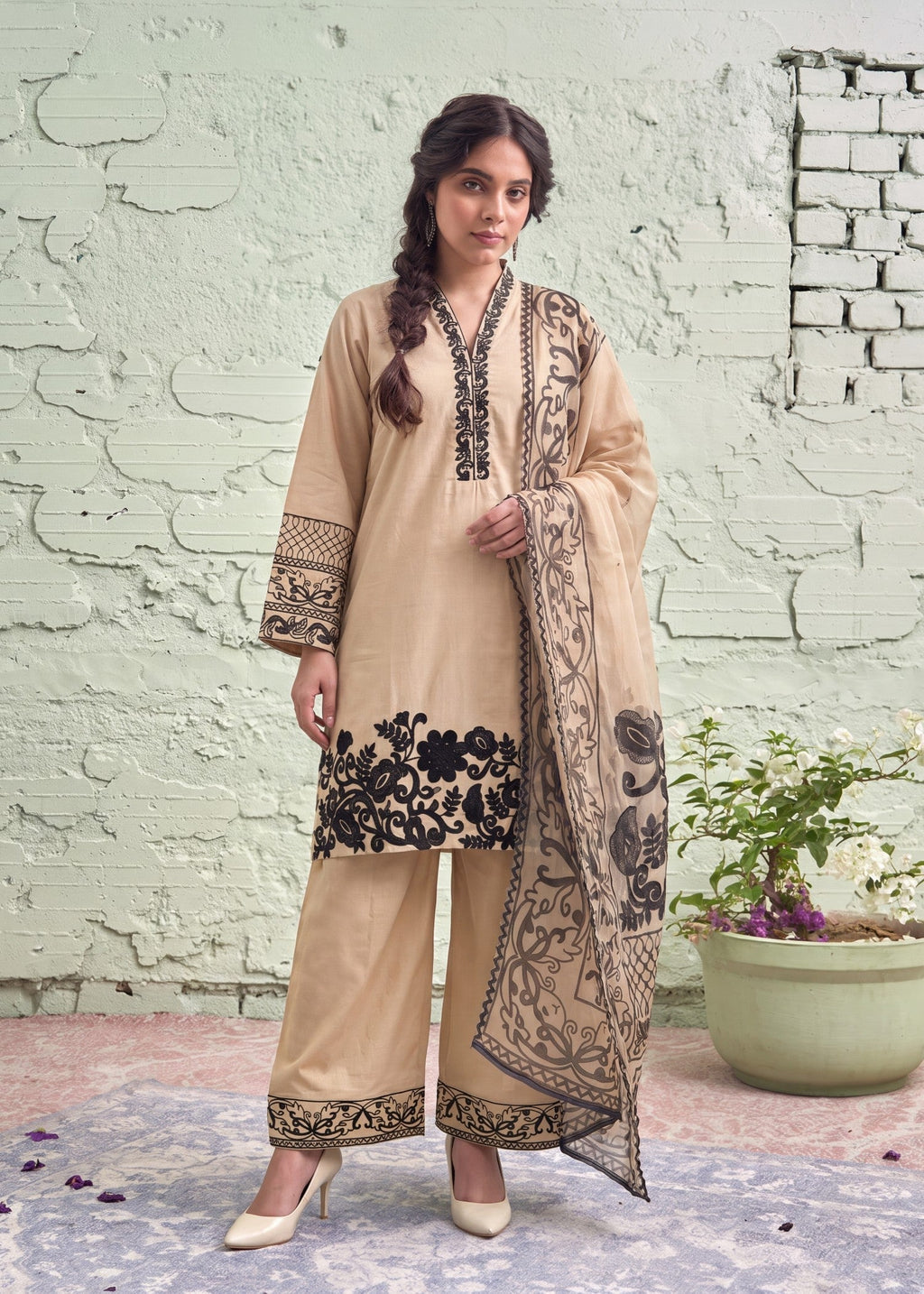 Embroidered Lawn 3-Piece Suit – Beige, Voile Dupatta