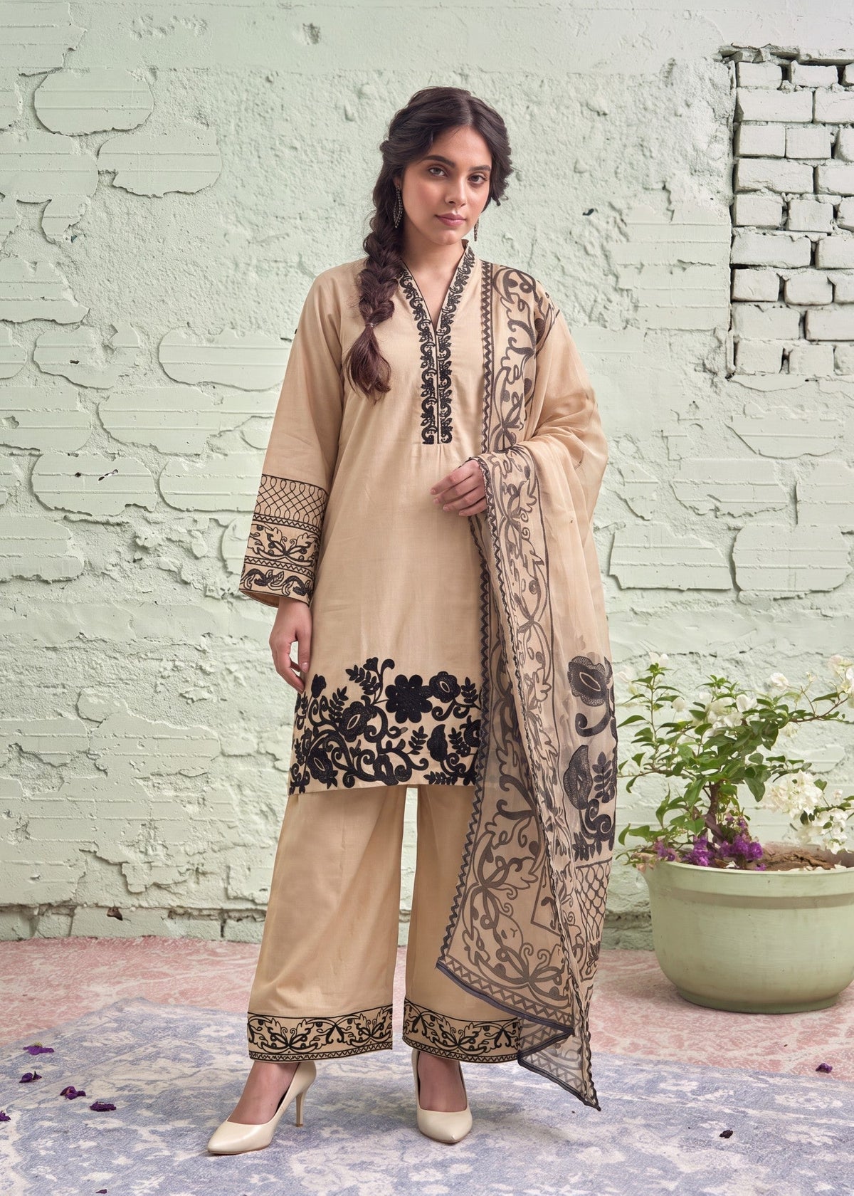 Embroidered Lawn 3-Piece Suit – Beige, Voile Dupatta