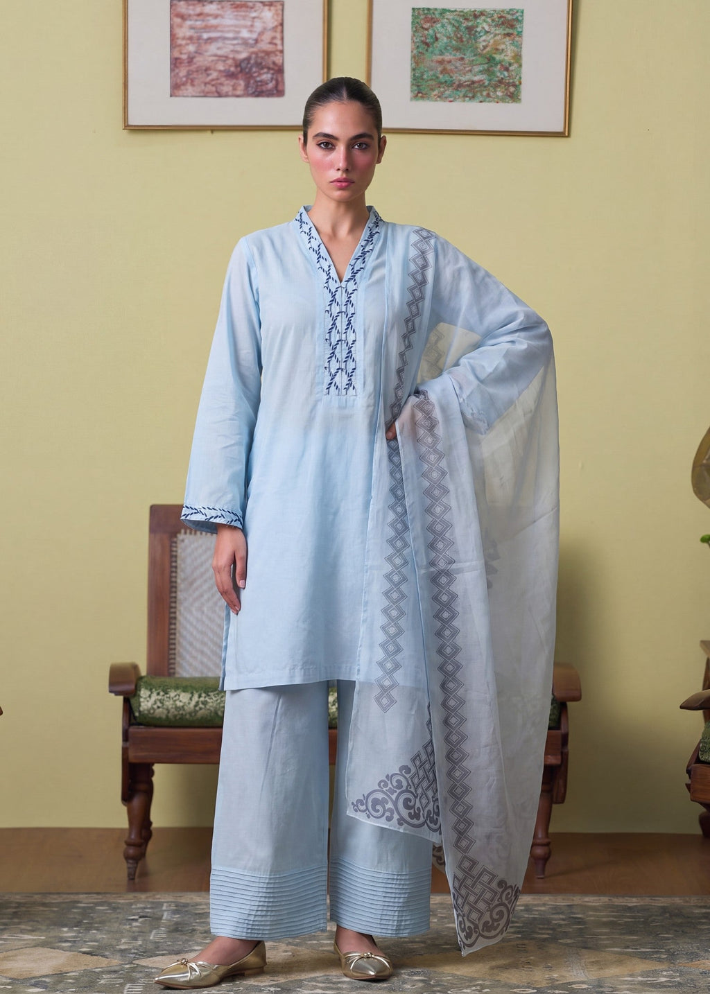 Lace Lawn 3-Piece Suit – Sky Blue, Voile Dupatta