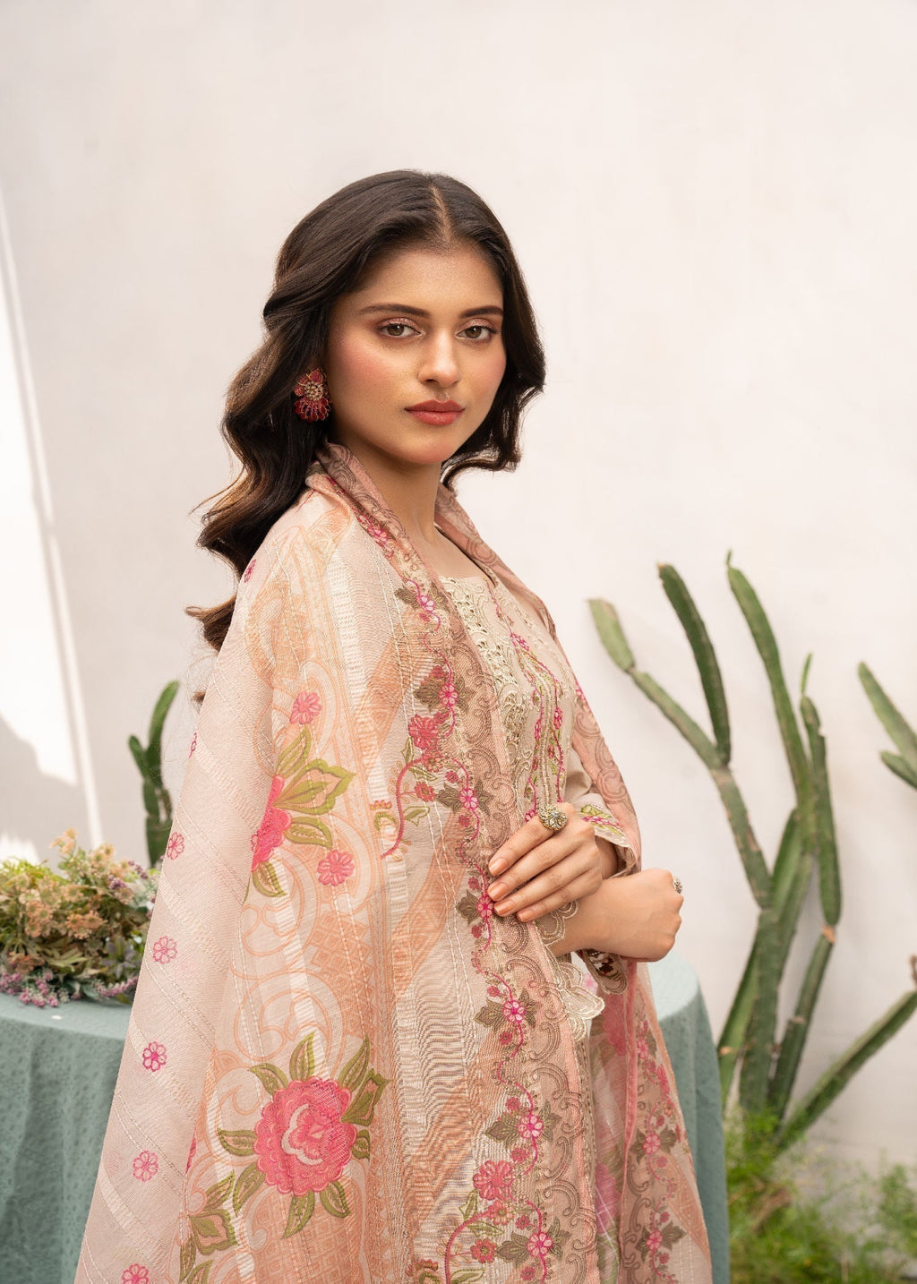 Embroidered Lawn Straight Kurta 3-Piece Suit – Beige with Voile Dupatta, Summer Wear