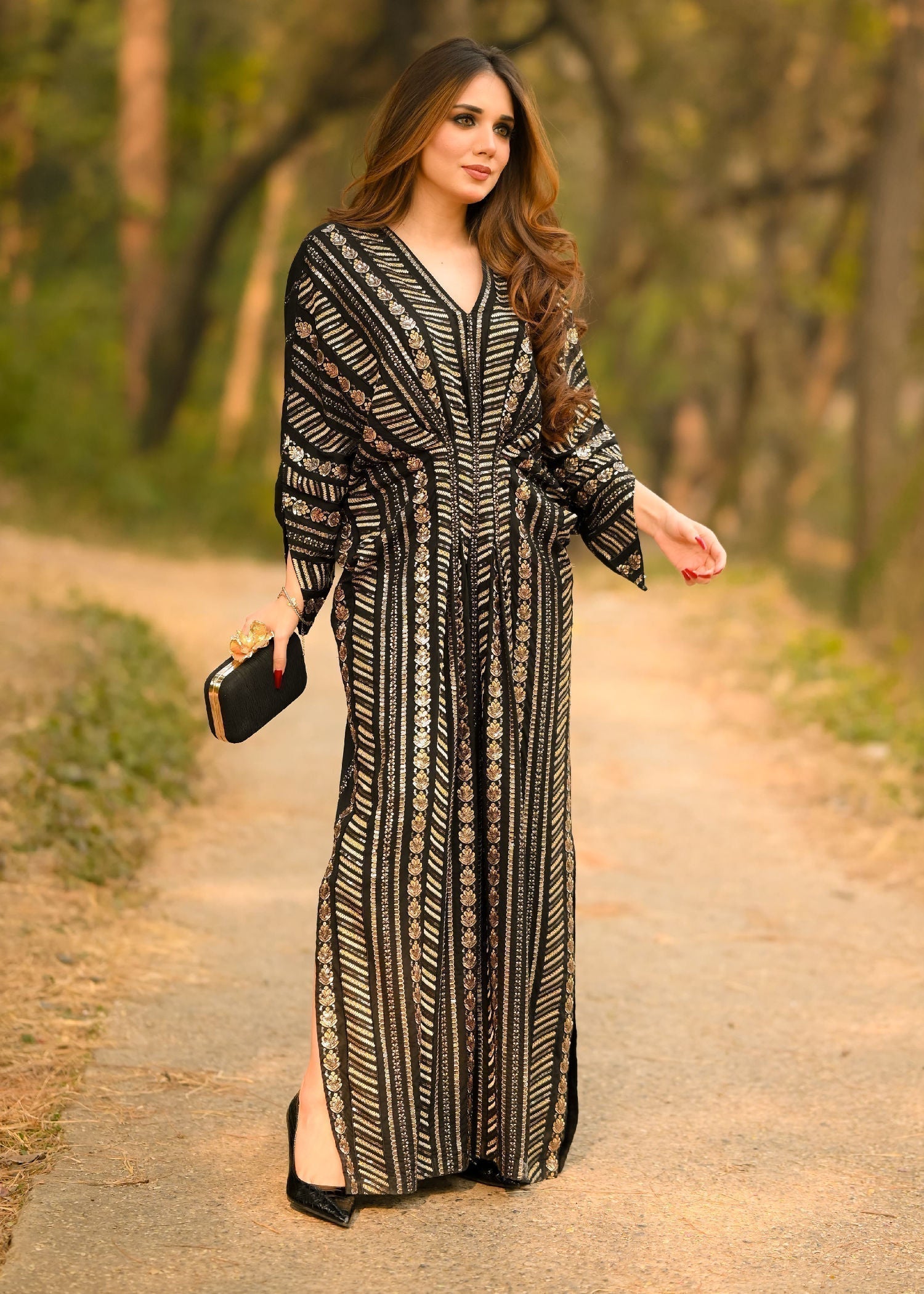 Sequined Cotton Long Kaftan – Black, Festive Wear