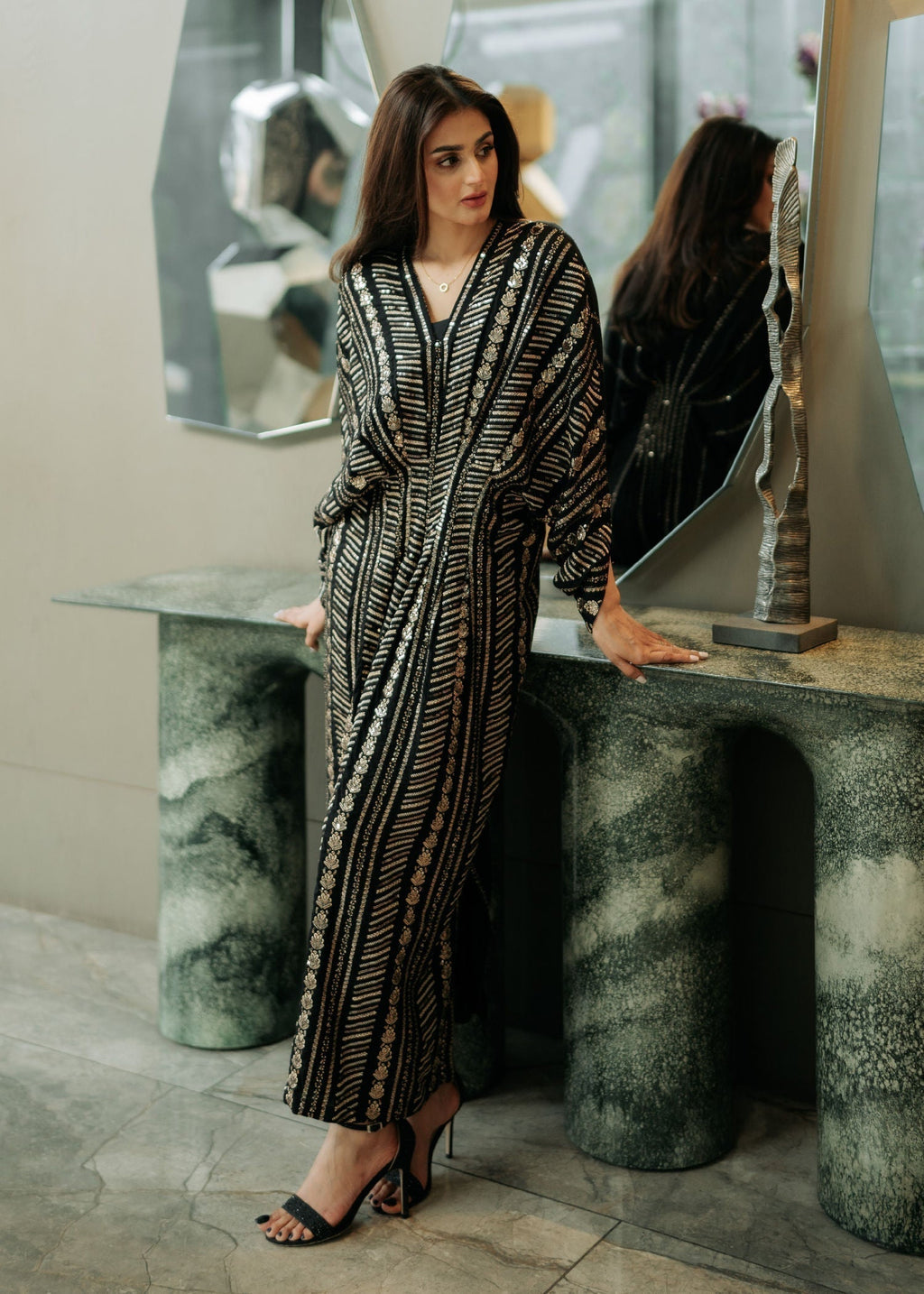 Sequined Cotton Long Kaftan – Black, Festive Wear