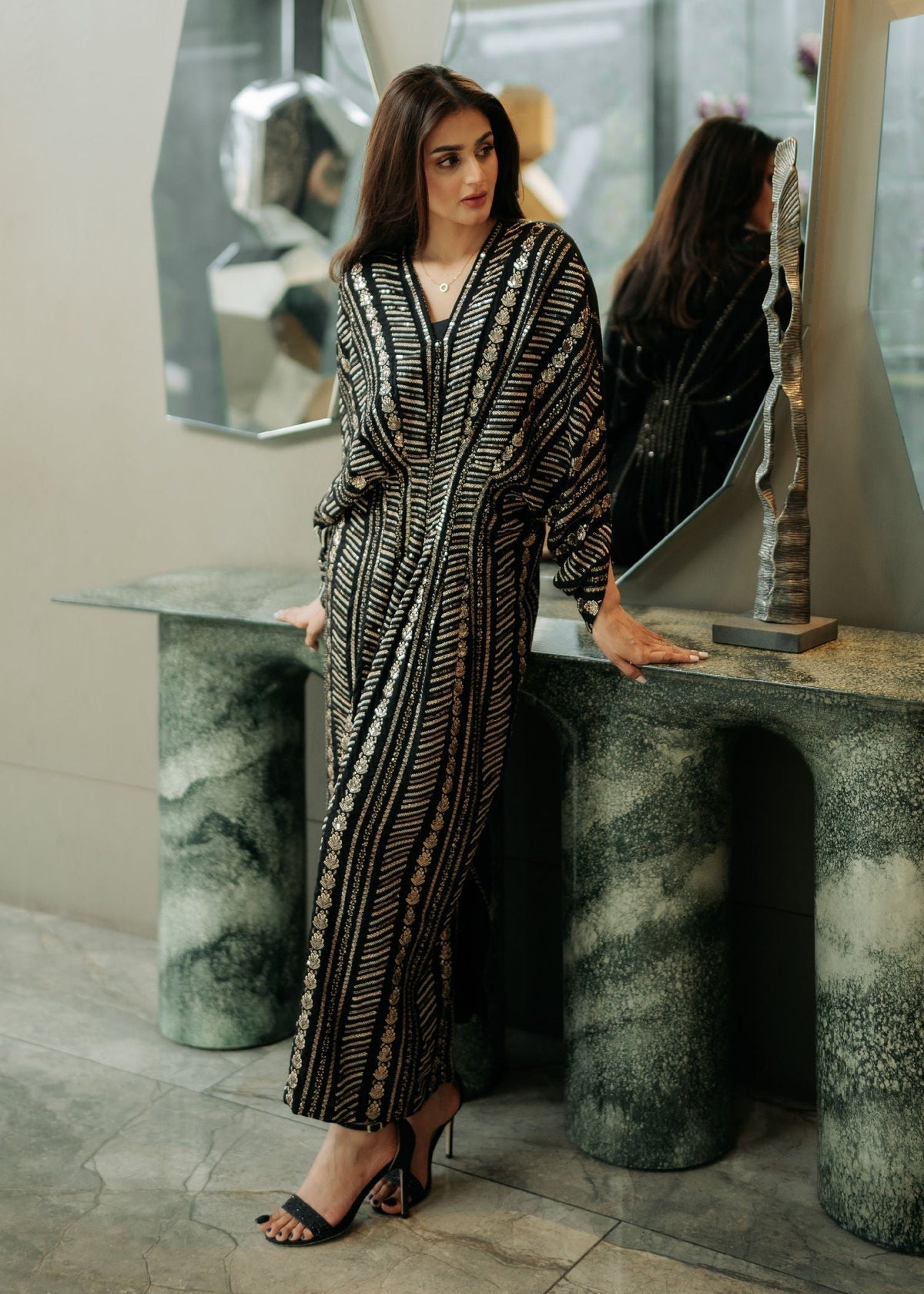 Sequined Cotton Long Kaftan – Black, Festive Wear