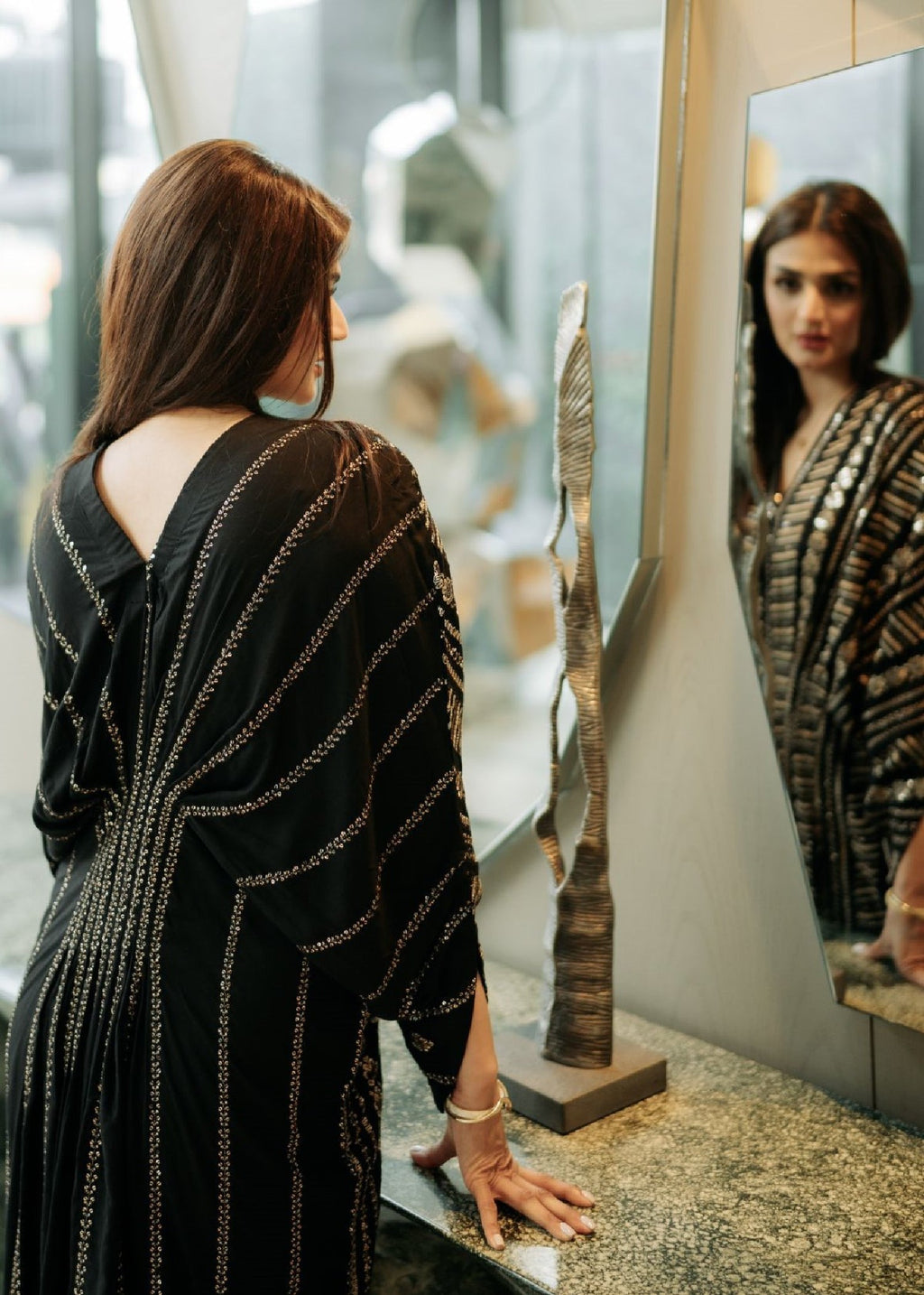 Sequined Cotton Long Kaftan – Black, Festive Wear
