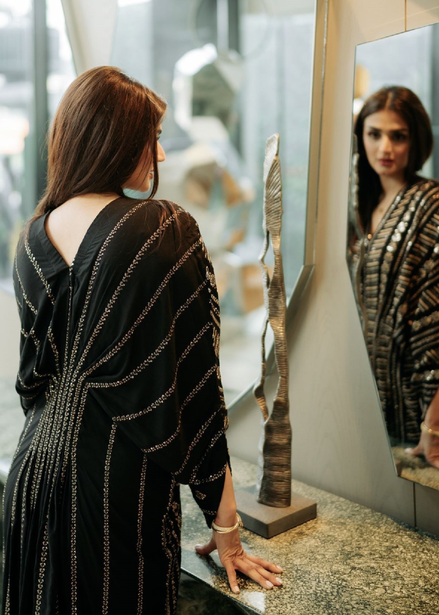 Sequined Cotton Long Kaftan – Black, Festive Wear