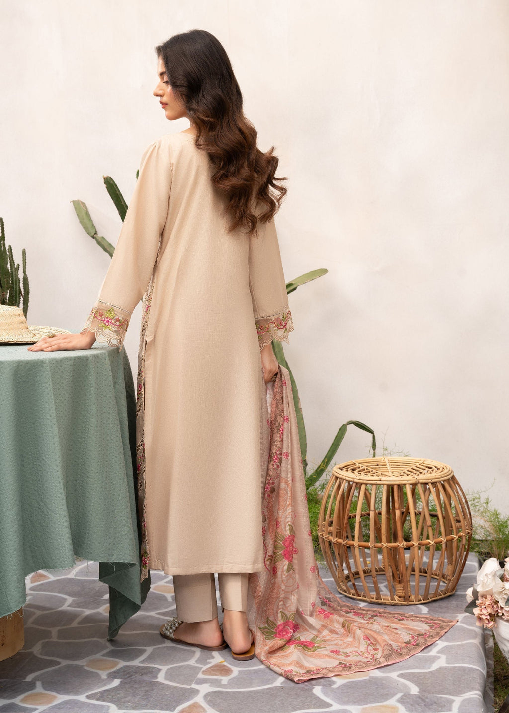 Embroidered Lawn Straight Kurta 3-Piece Suit – Beige with Voile Dupatta, Summer Wear