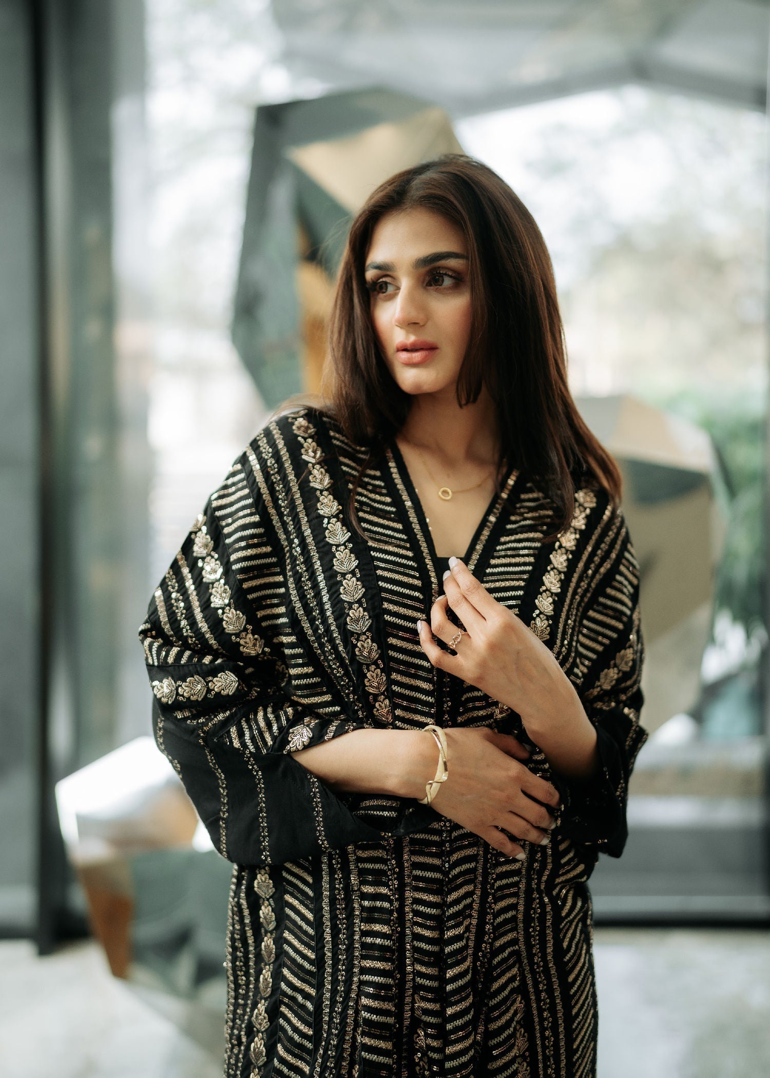 Sequined Cotton Long Kaftan – Black, Festive Wear