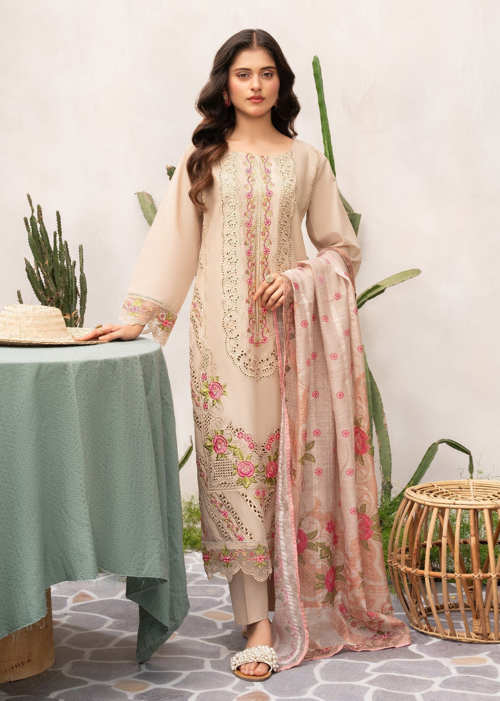 Embroidered Lawn Straight Kurta 3-Piece Suit – Beige with Voile Dupatta, Summer Wear
