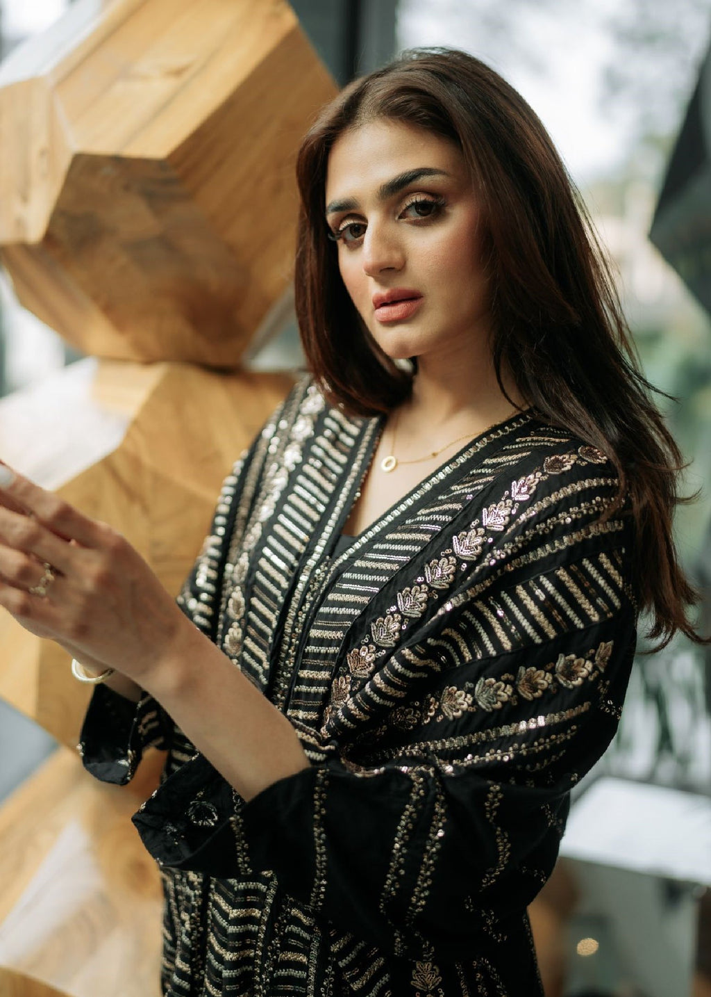 Sequined Cotton Long Kaftan – Black, Festive Wear