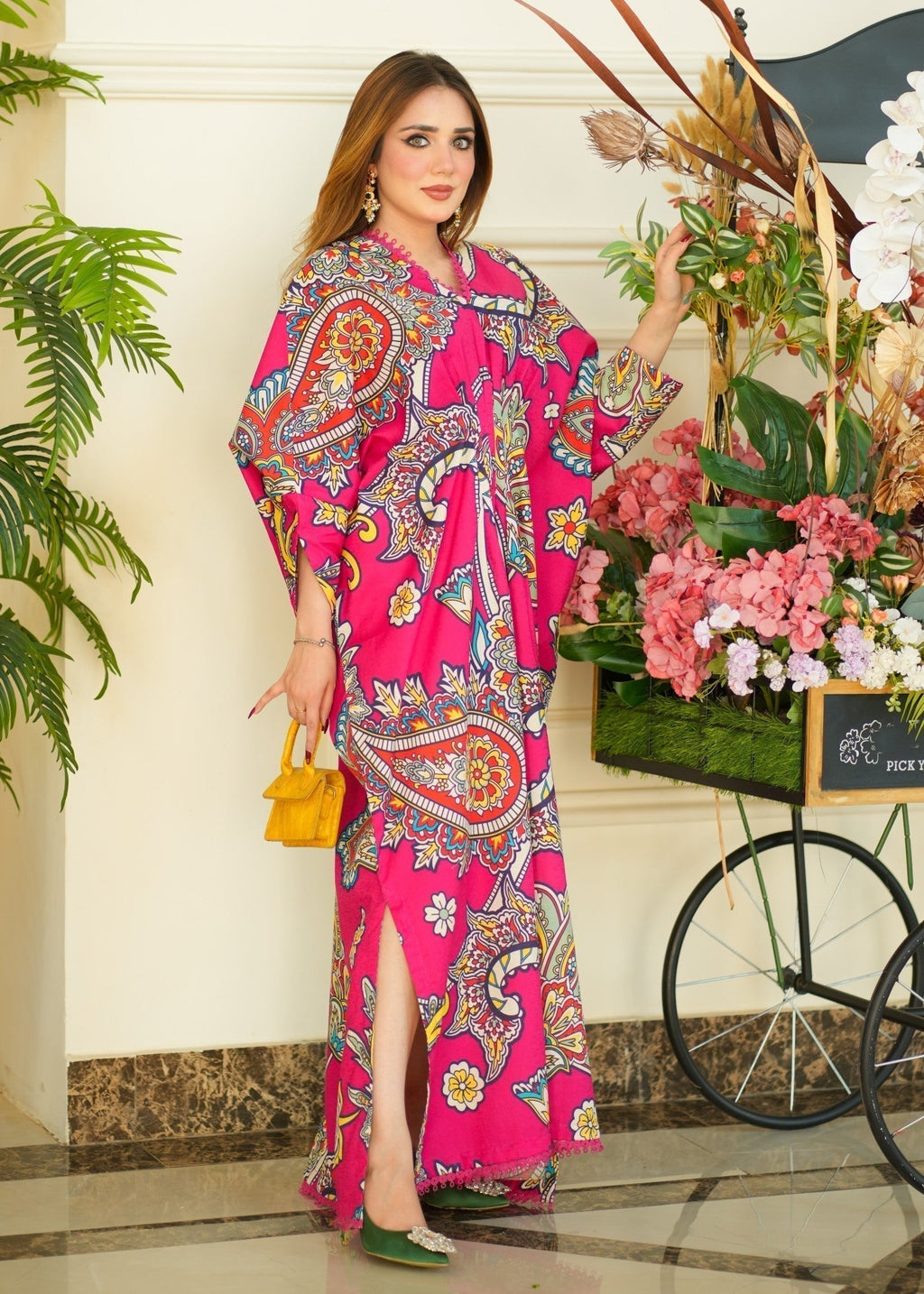 Printed Textured Lawn Long Kaftan – Hot Pink, Festive Wear