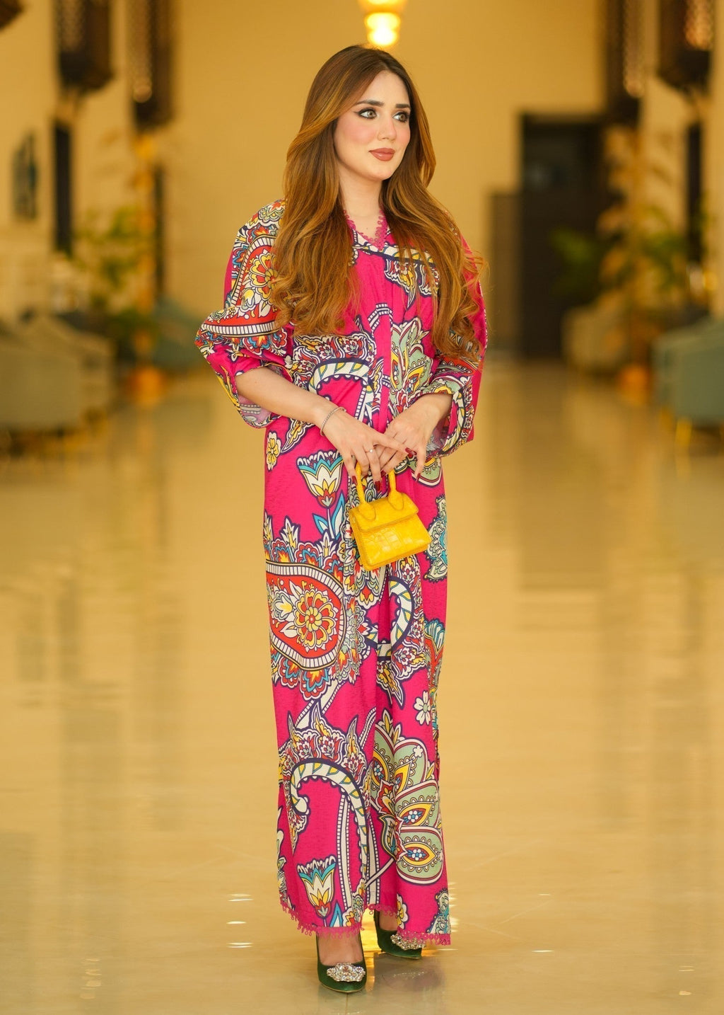 Printed Textured Lawn Long Kaftan – Hot Pink, Festive Wear
