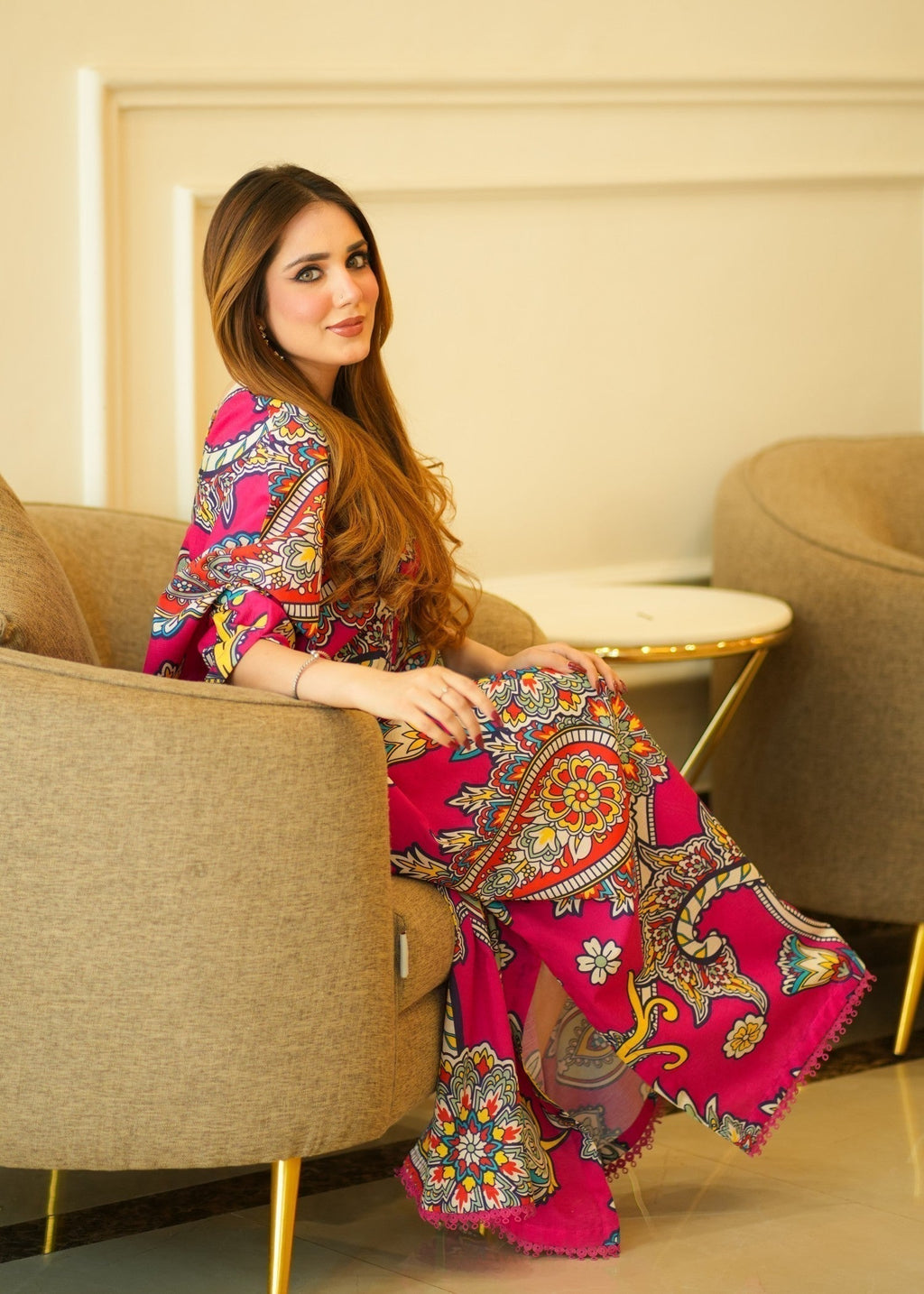 Printed Textured Lawn Long Kaftan – Hot Pink, Festive Wear