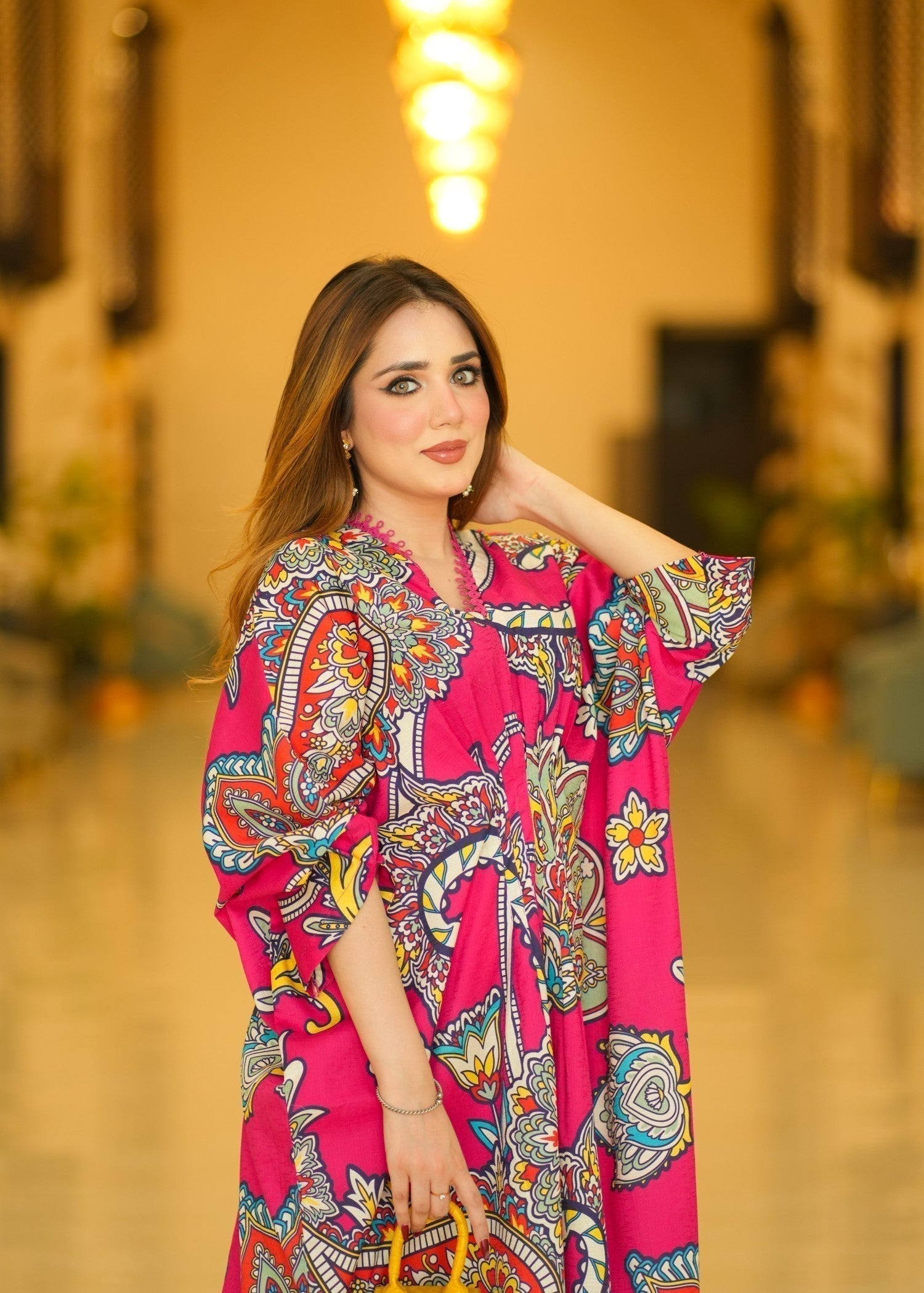 Printed Textured Lawn Long Kaftan – Hot Pink, Festive Wear
