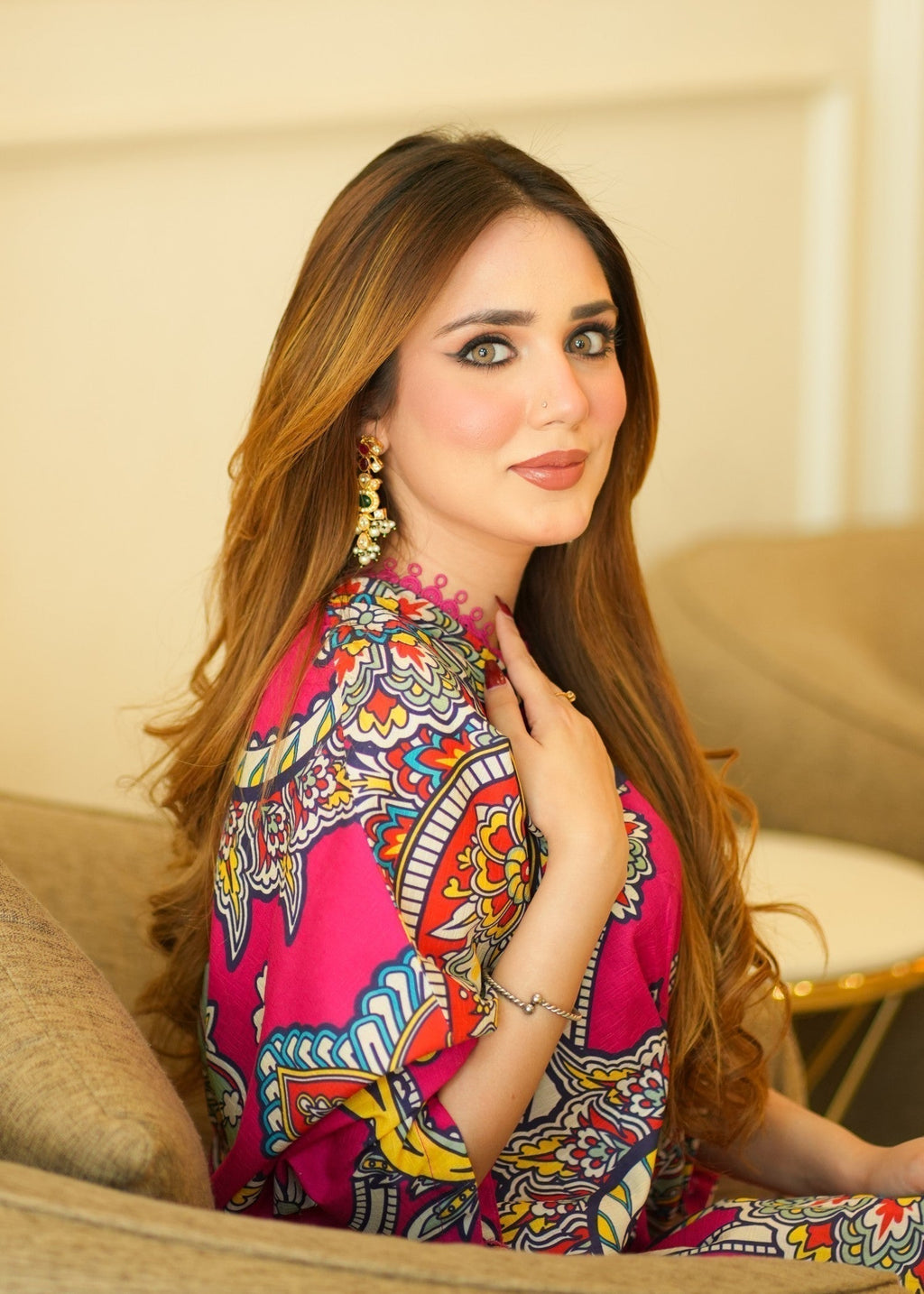 Printed Textured Lawn Long Kaftan – Hot Pink, Festive Wear