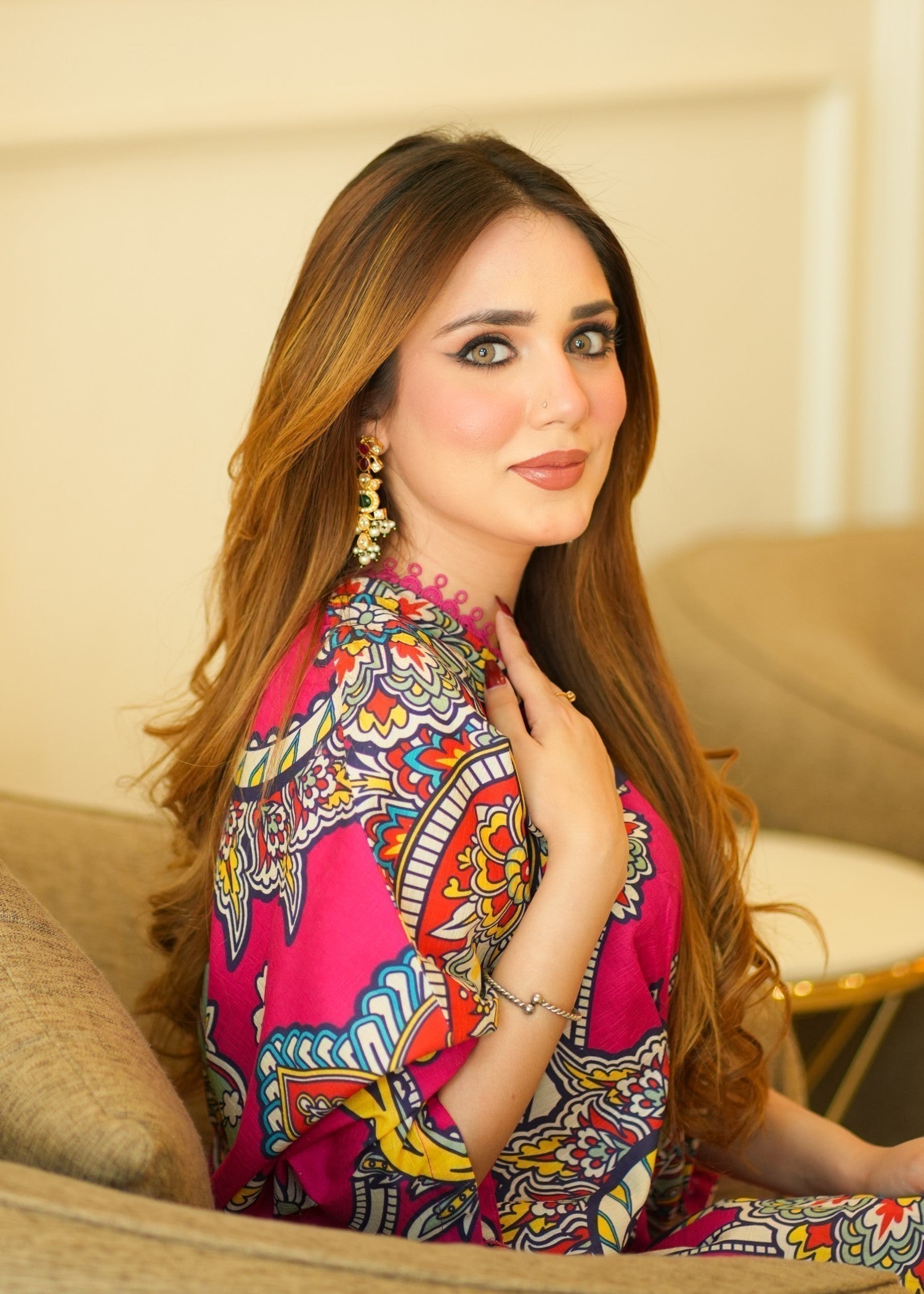 Printed Textured Lawn Long Kaftan – Hot Pink, Festive Wear