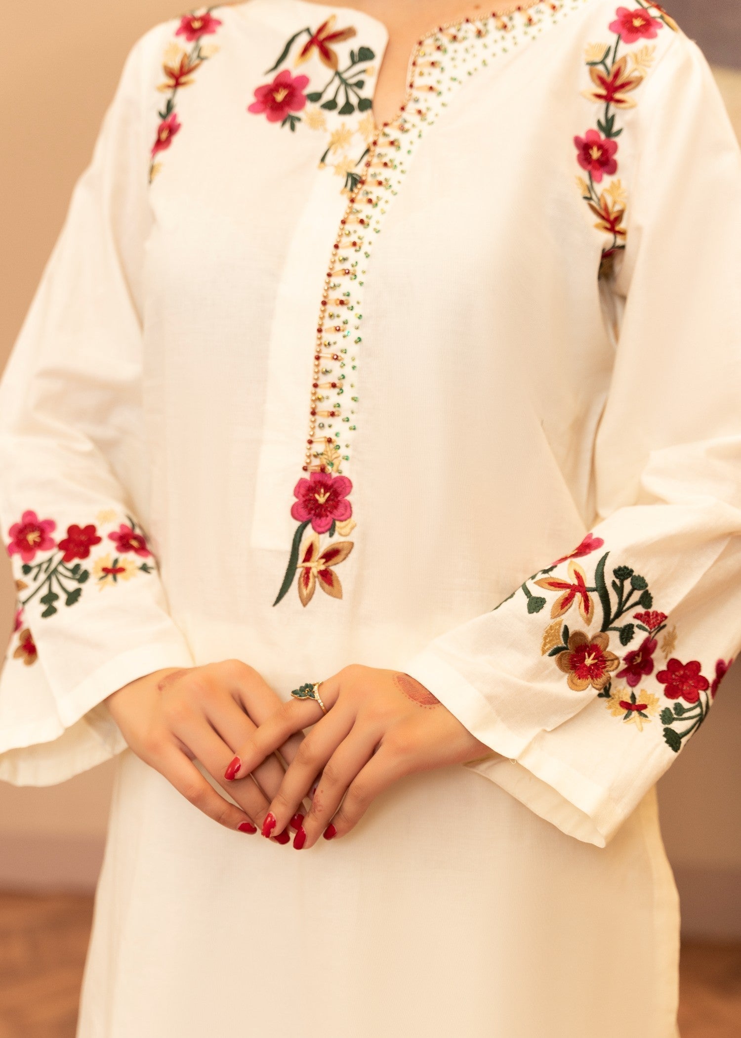 Embroidered Lawn Long Kurta 3-Piece Suit – Ivory with Manaar Dupatta, Summer Wear