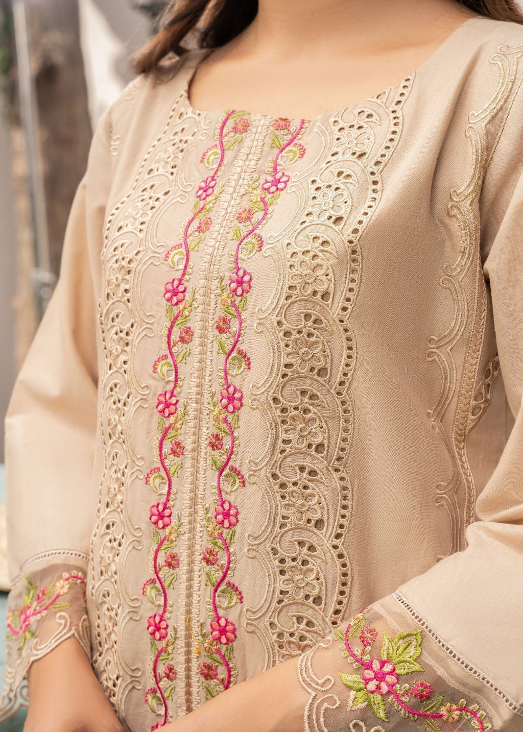 Embroidered Lawn Straight Kurta 3-Piece Suit – Beige with Voile Dupatta, Summer Wear