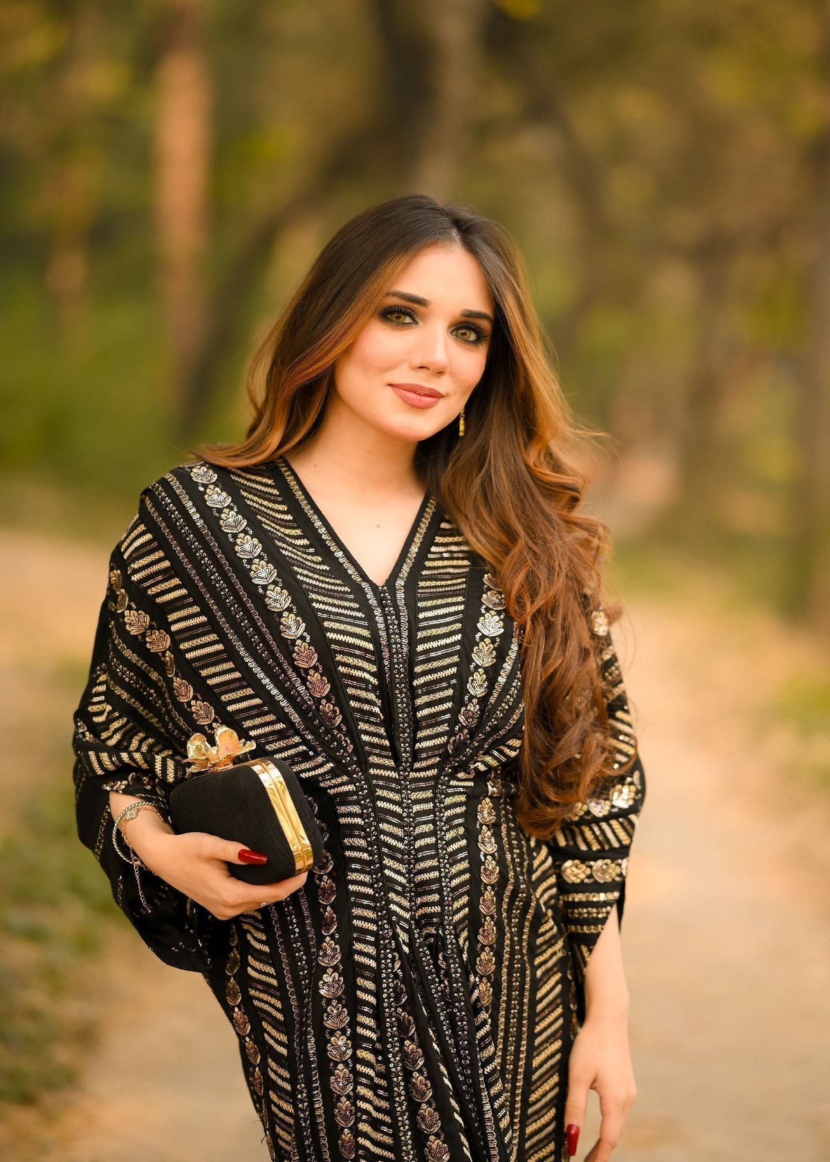 Sequined Cotton Long Kaftan – Black, Festive Wear