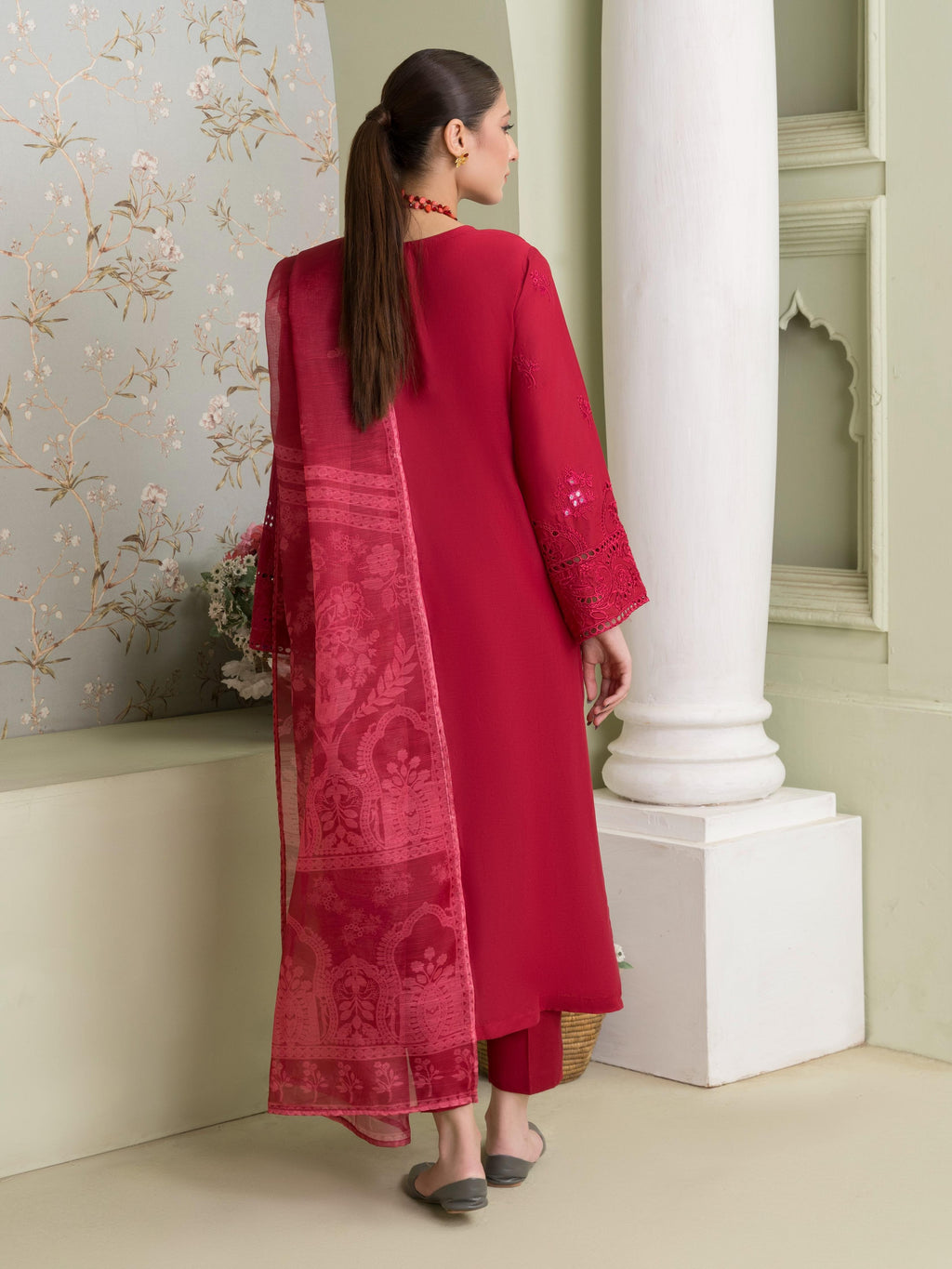 Embroidered Long Kurta Cotton 3-Piece Suit – Red, Manaar Dupatta