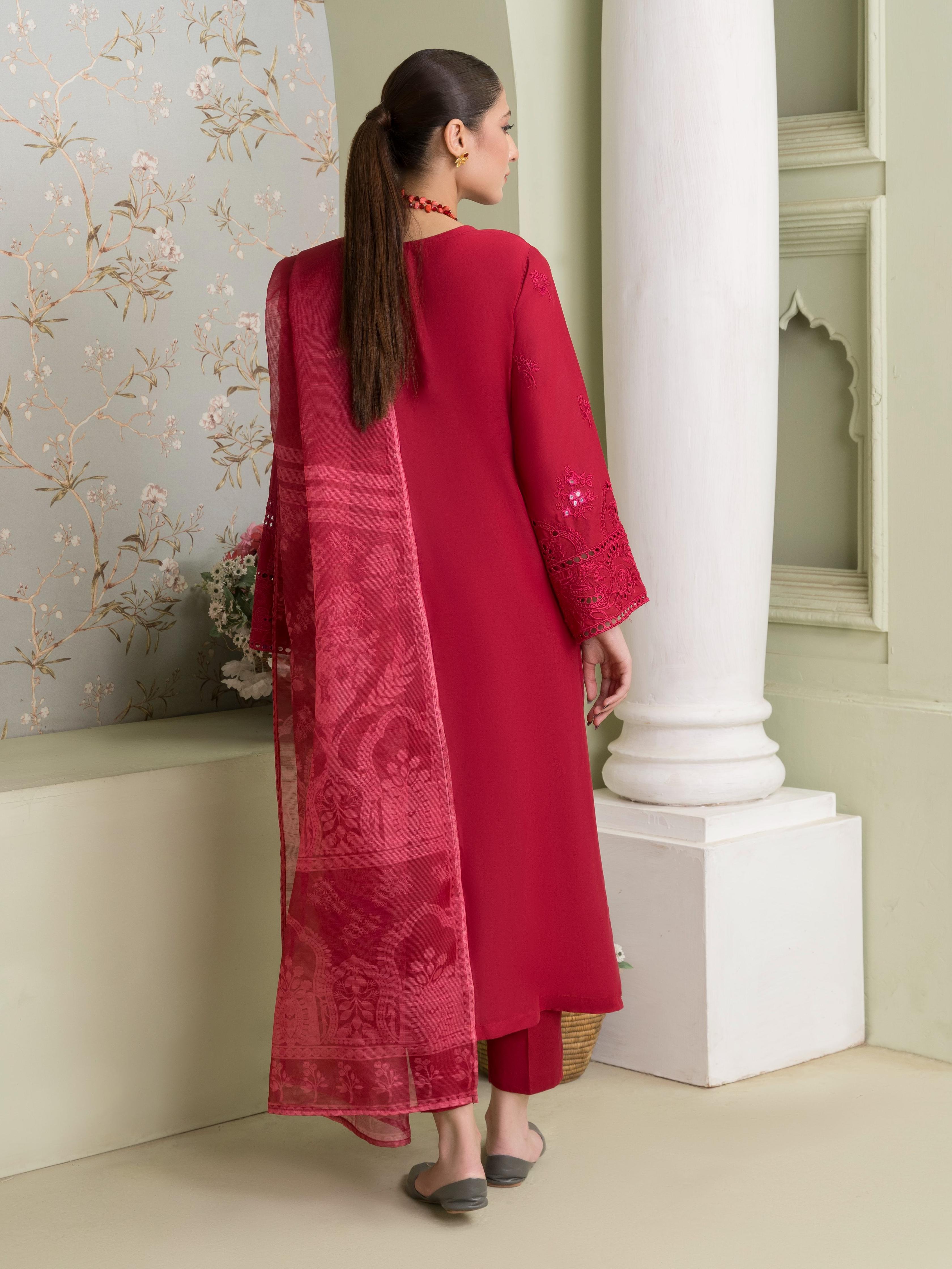 Embroidered Long Kurta Cotton 3-Piece Suit – Red, Manaar Dupatta