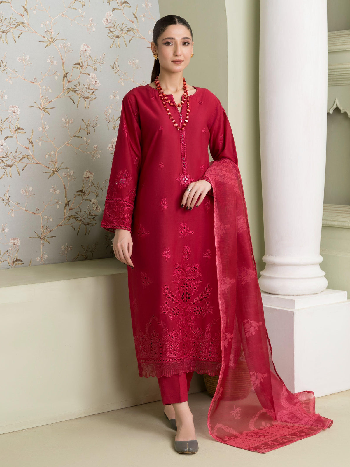 Embroidered Long Kurta Cotton 3-Piece Suit – Red, Manaar Dupatta