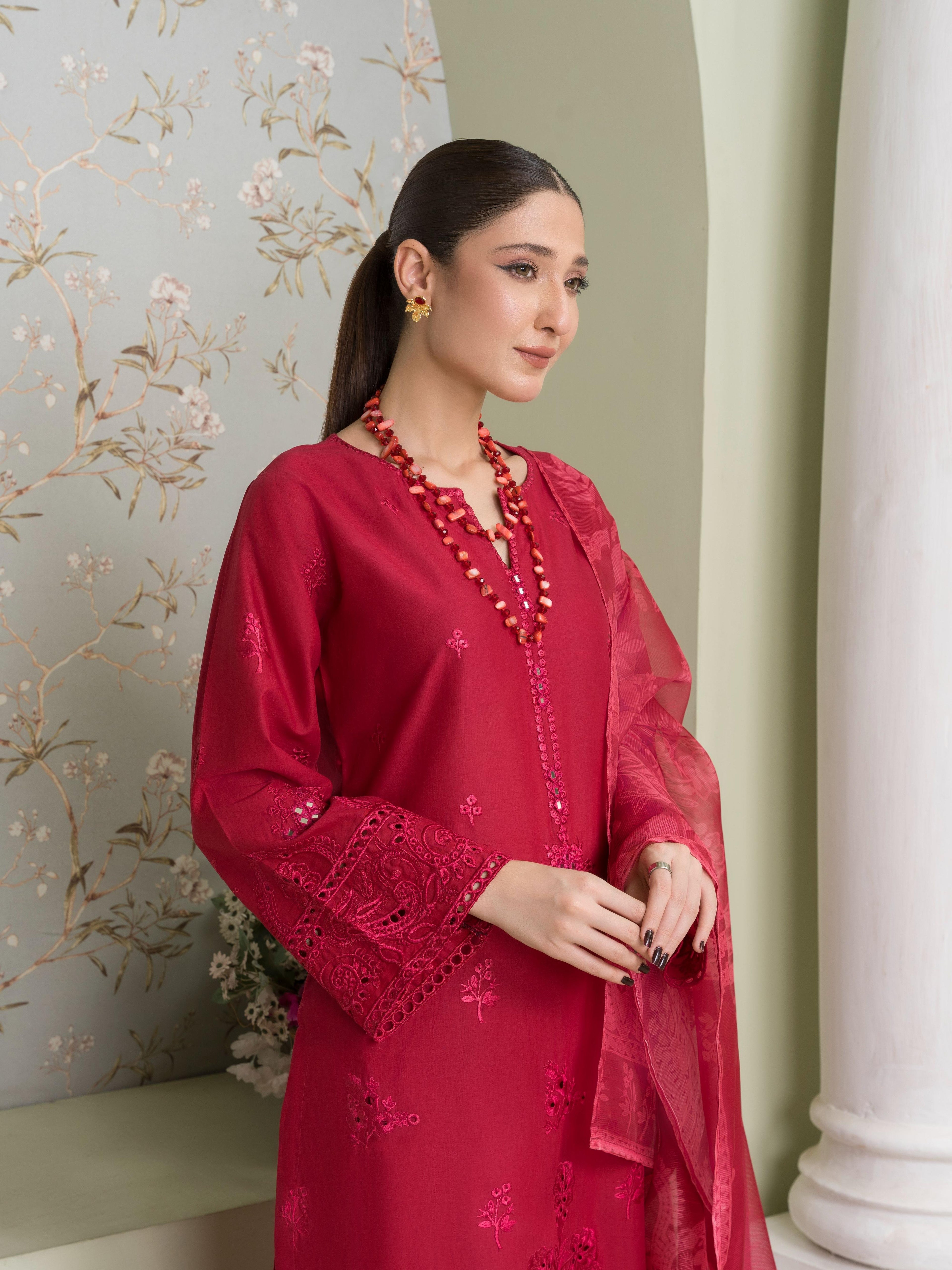 Embroidered Long Kurta Cotton 3-Piece Suit – Red, Manaar Dupatta