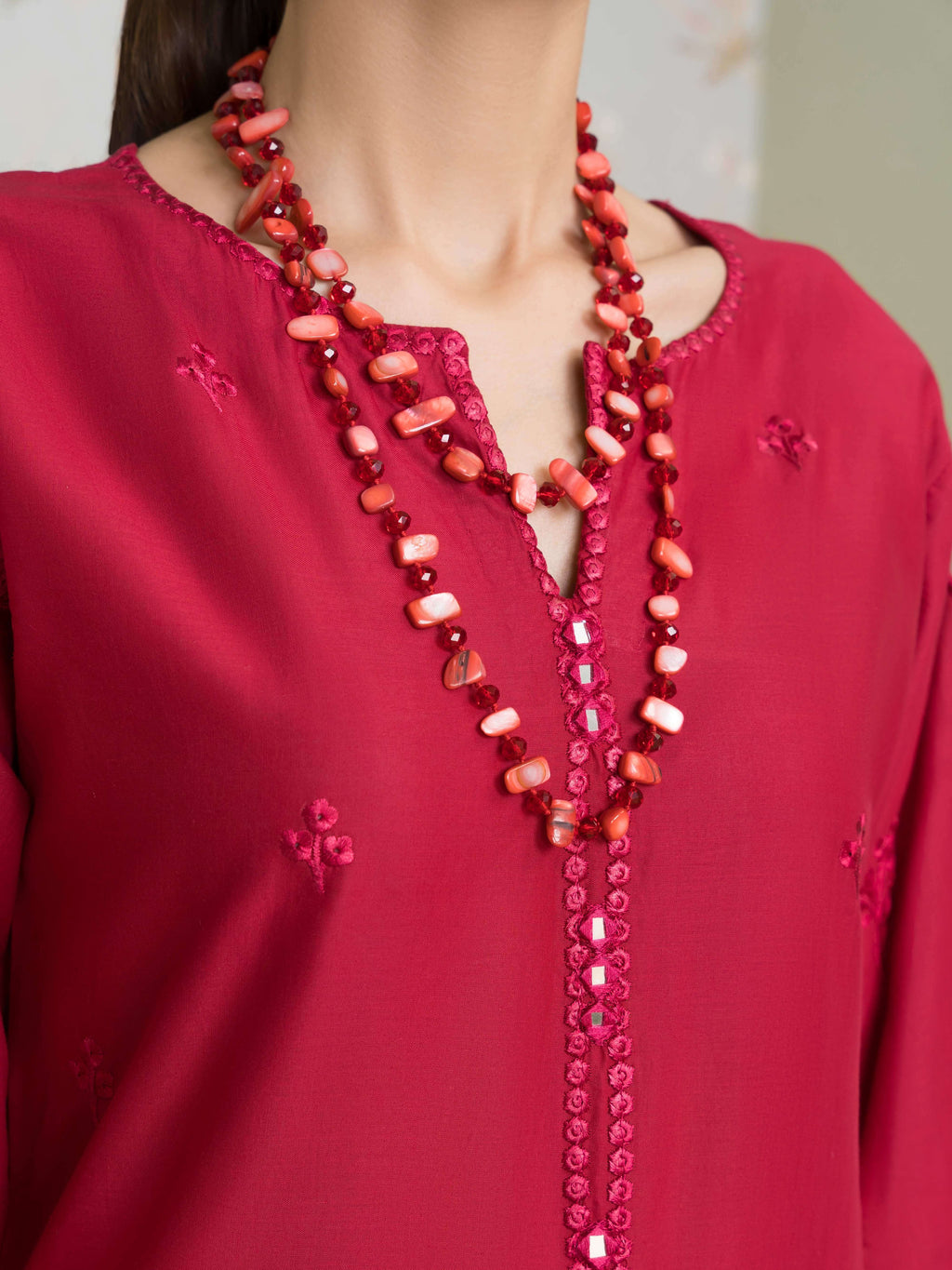 Embroidered Long Kurta Cotton 3-Piece Suit – Red, Manaar Dupatta
