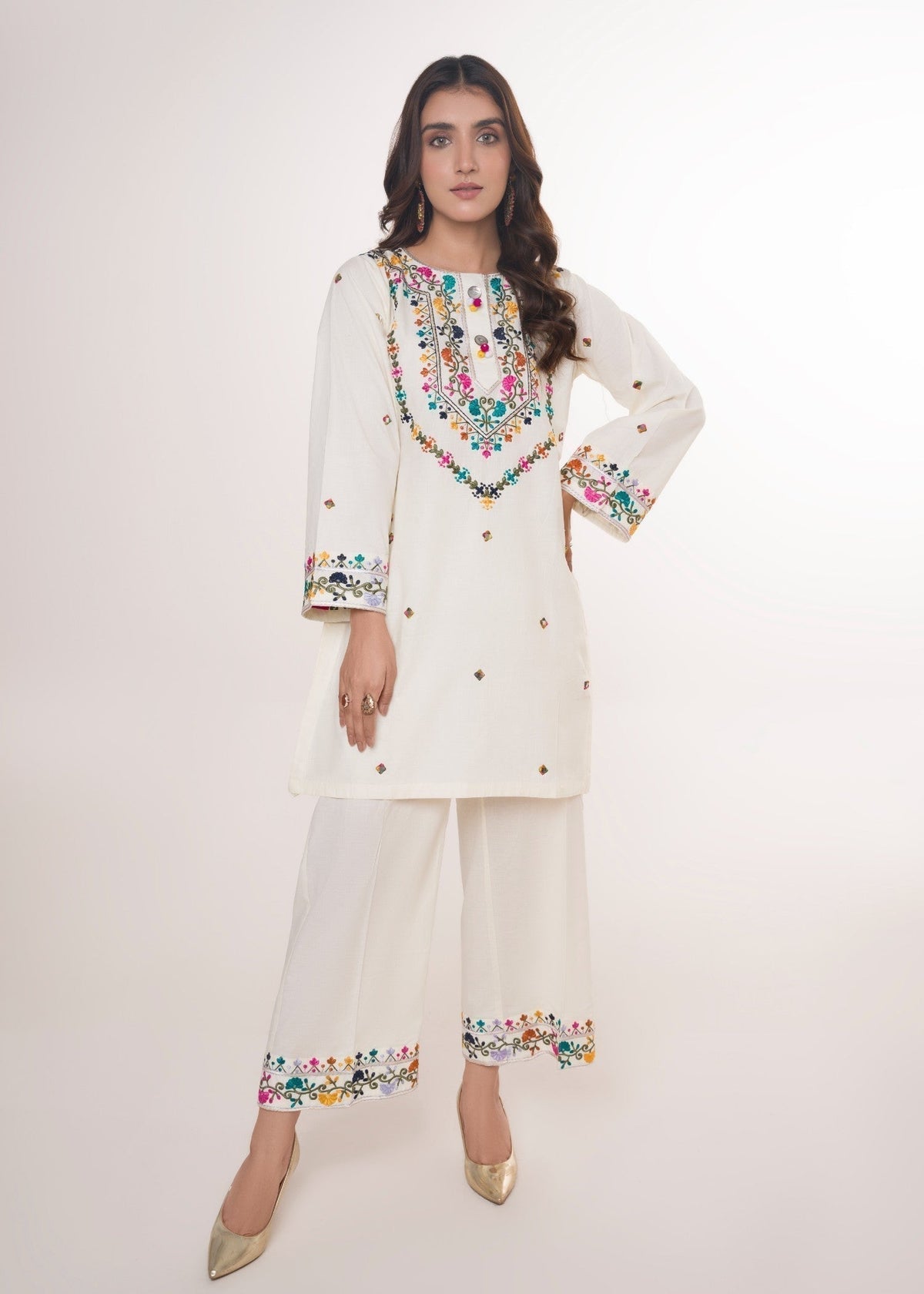 Printed Lawn Long Kurta 2-Piece Suit – Cream, Summer Wear