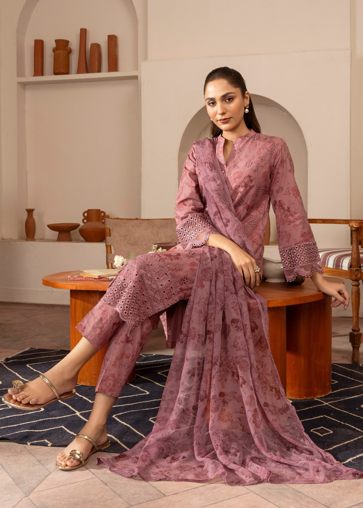 Embroidered Lawn Straight Kurta 3-Piece Suit – Mauve Pink with Chiffon Dupatta, Summer Wear