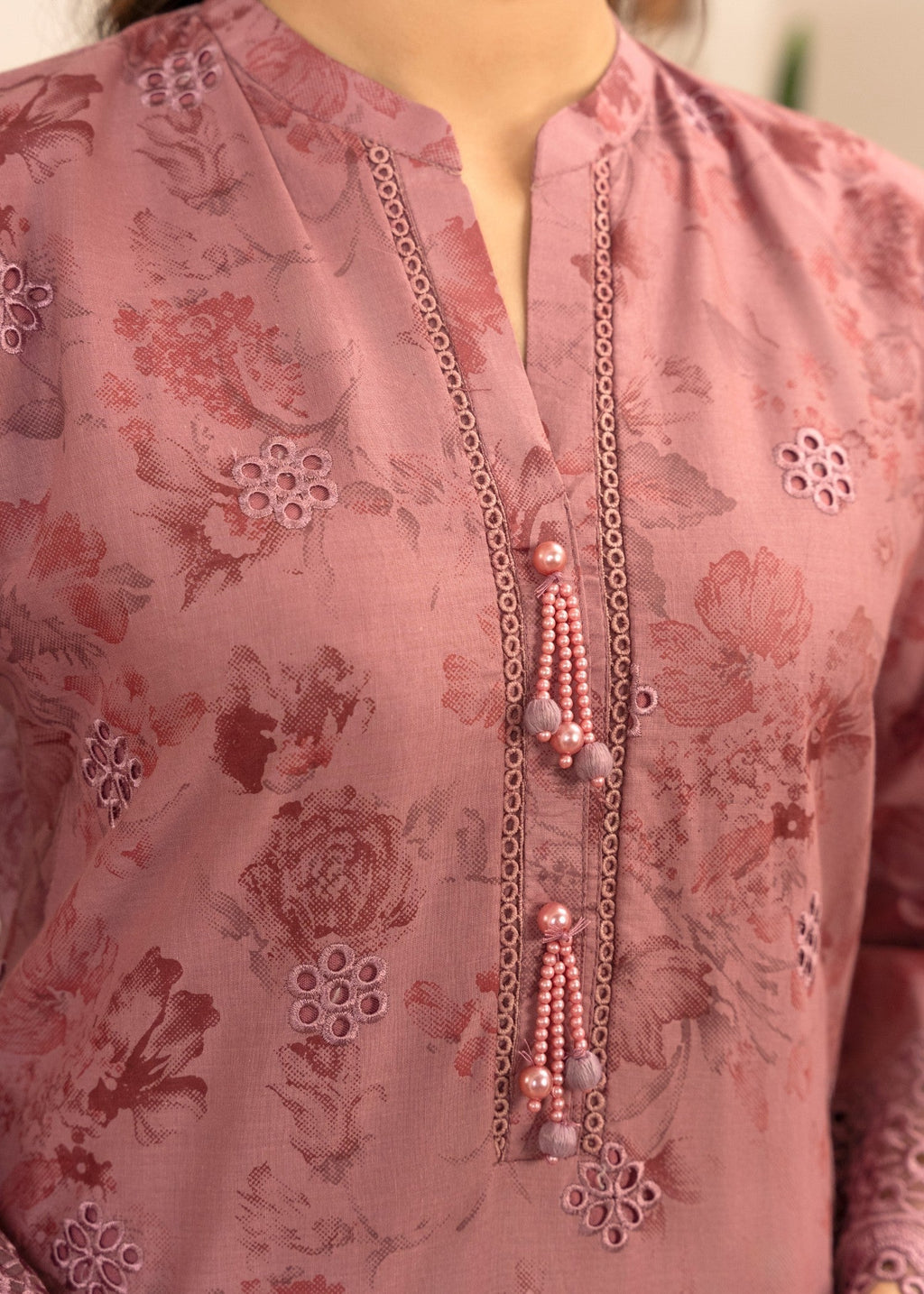 Embroidered Lawn Straight Kurta 3-Piece Suit – Mauve Pink with Chiffon Dupatta, Summer Wear