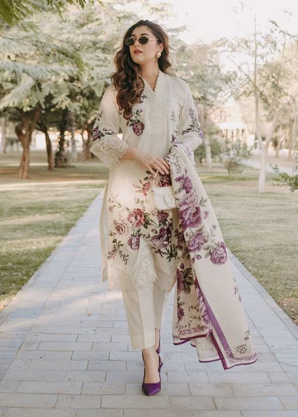 Embroidered Lawn 3-Piece Suit – White with Manaar Dupatta, Summer Daily Wear