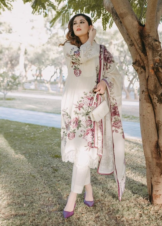 Embroidered Lawn 3-Piece Suit – White with Manaar Dupatta, Summer Daily Wear