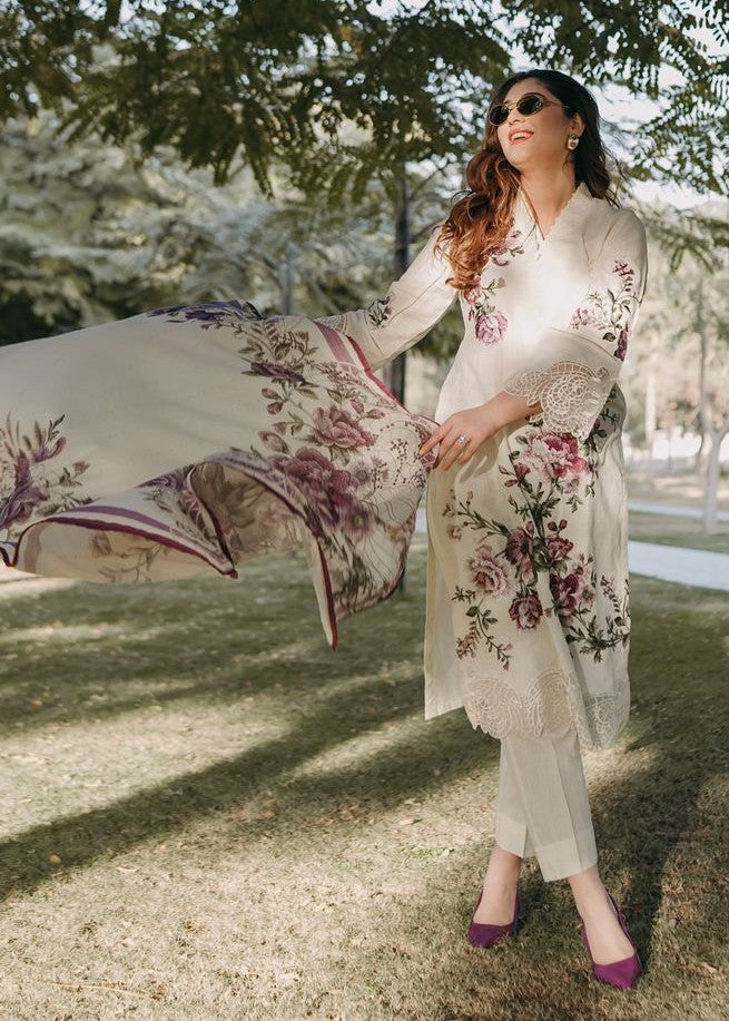 Embroidered Lawn 3-Piece Suit – White with Manaar Dupatta, Summer Daily Wear