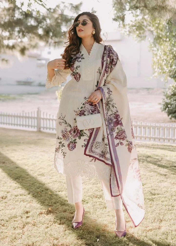Embroidered Lawn 3-Piece Suit – White with Manaar Dupatta, Summer Daily Wear