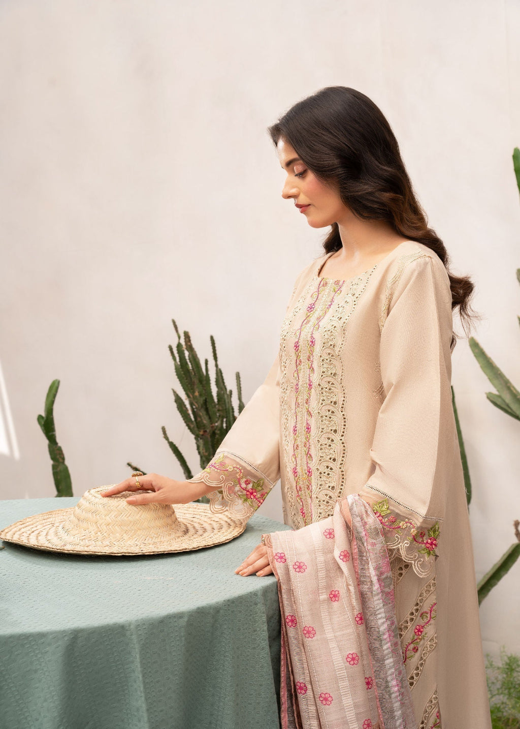 Embroidered Lawn Straight Kurta 3-Piece Suit – Beige with Voile Dupatta, Summer Wear