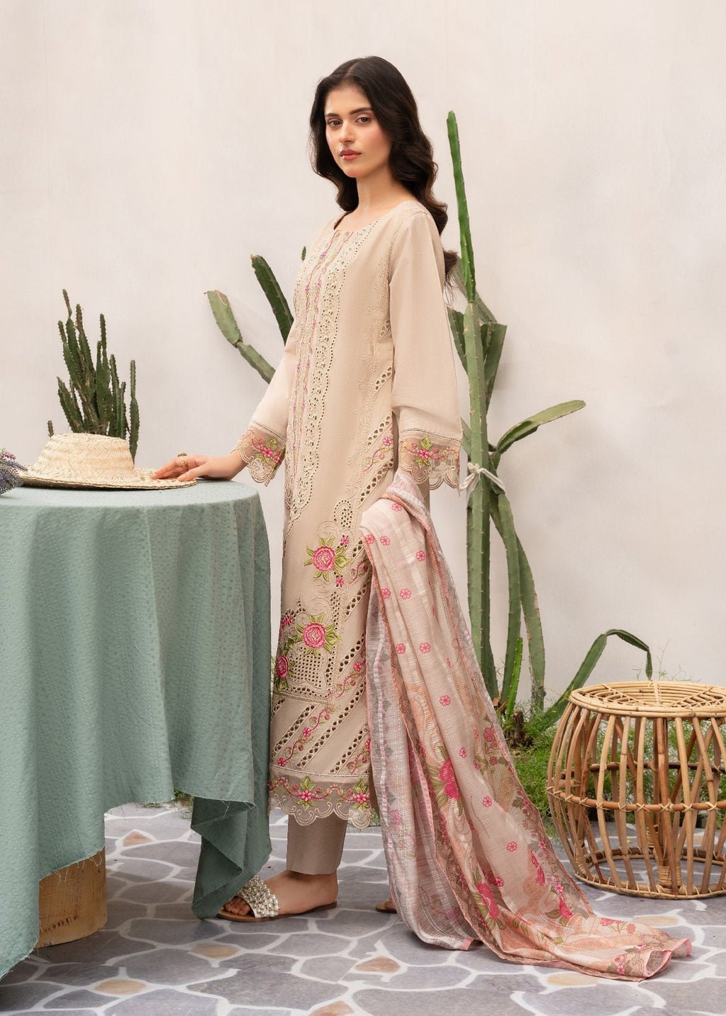 Embroidered Lawn Straight Kurta 3-Piece Suit – Beige with Voile Dupatta, Summer Wear