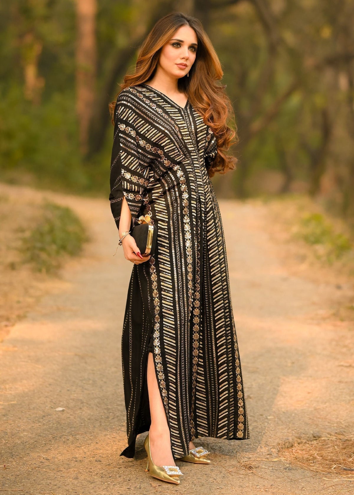 Sequined Cotton Long Kaftan – Black, Festive Wear