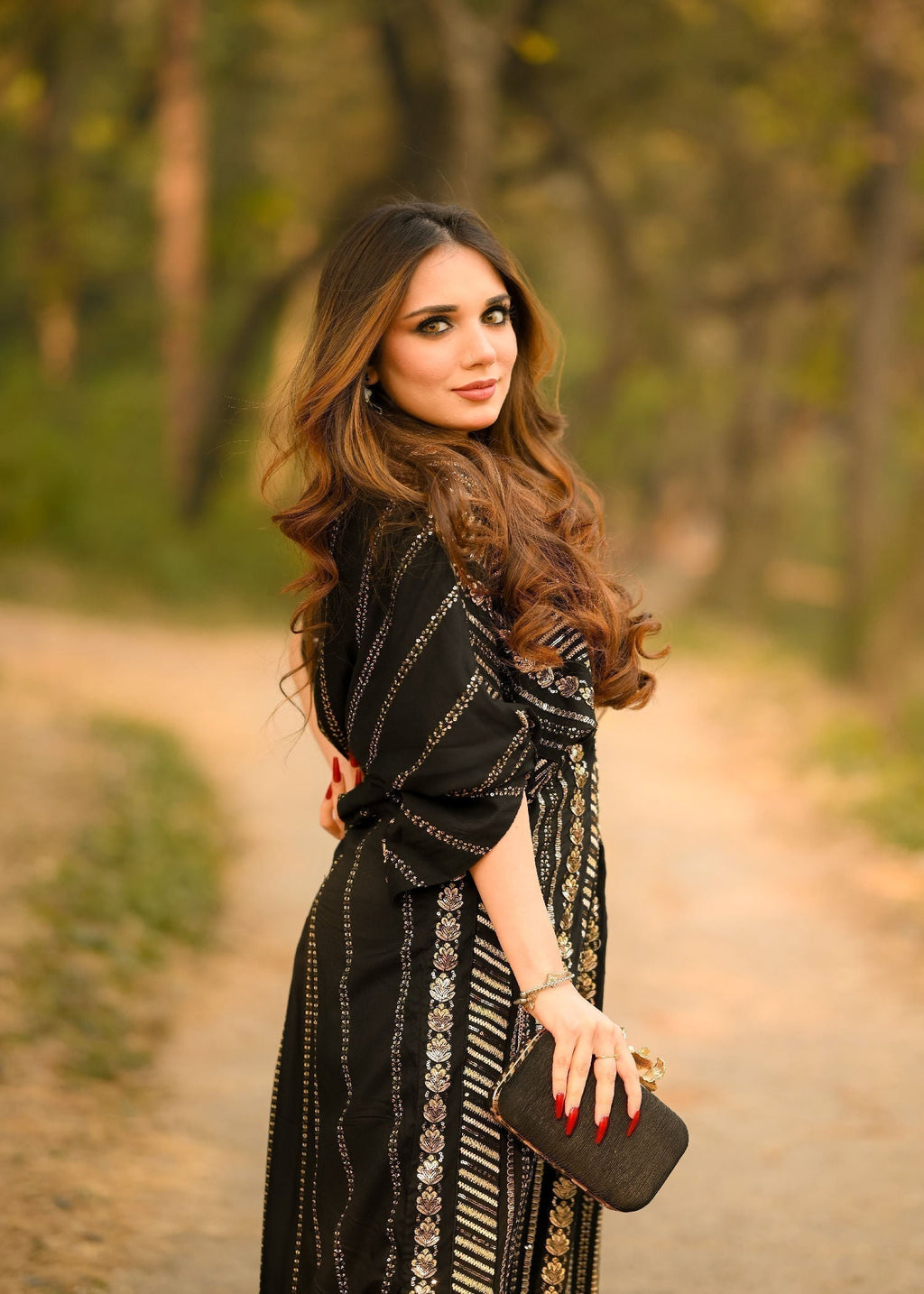 Sequined Cotton Long Kaftan – Black, Festive Wear