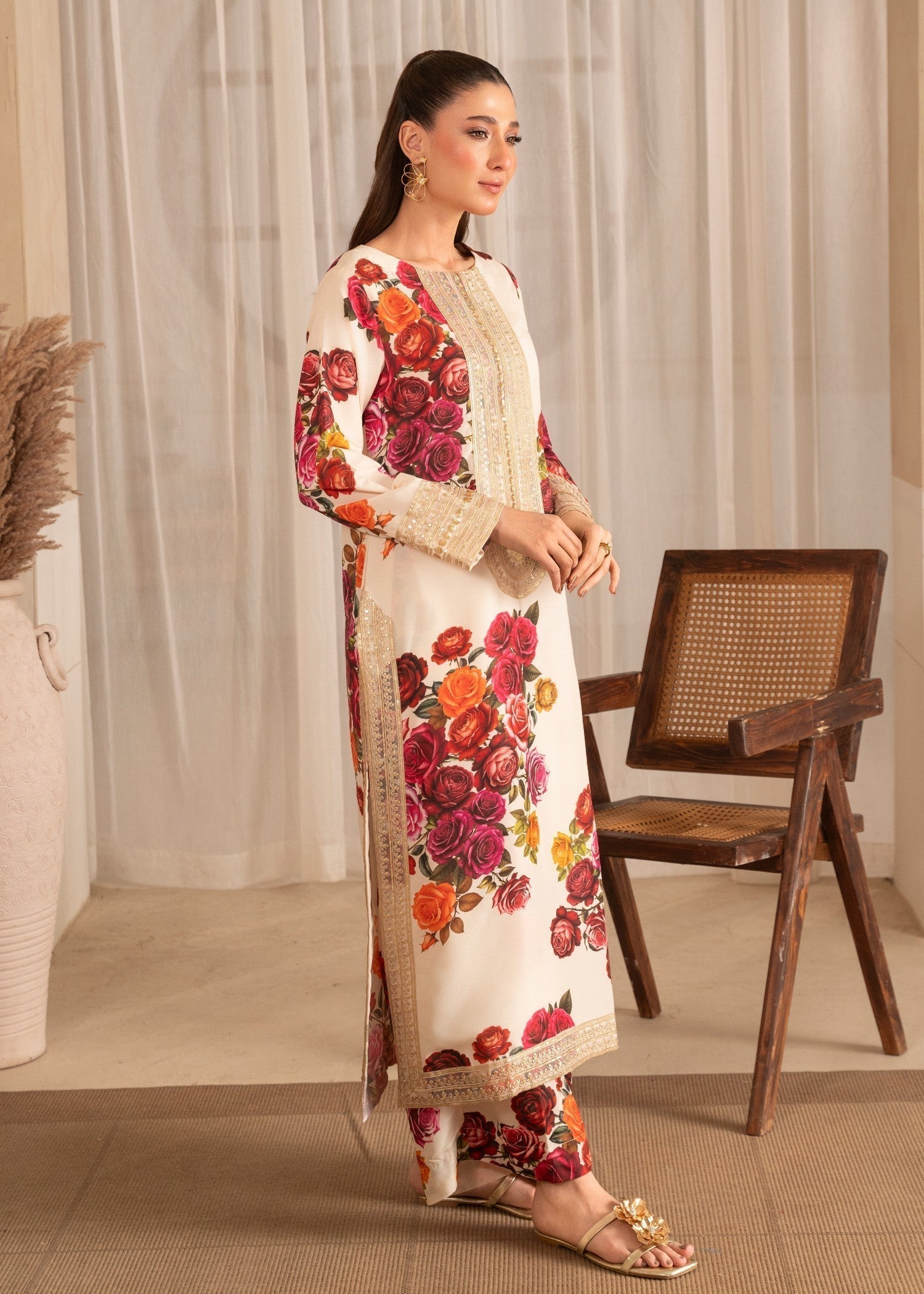 Printed Poly Silk Culottes Suit – Ivory, All Season