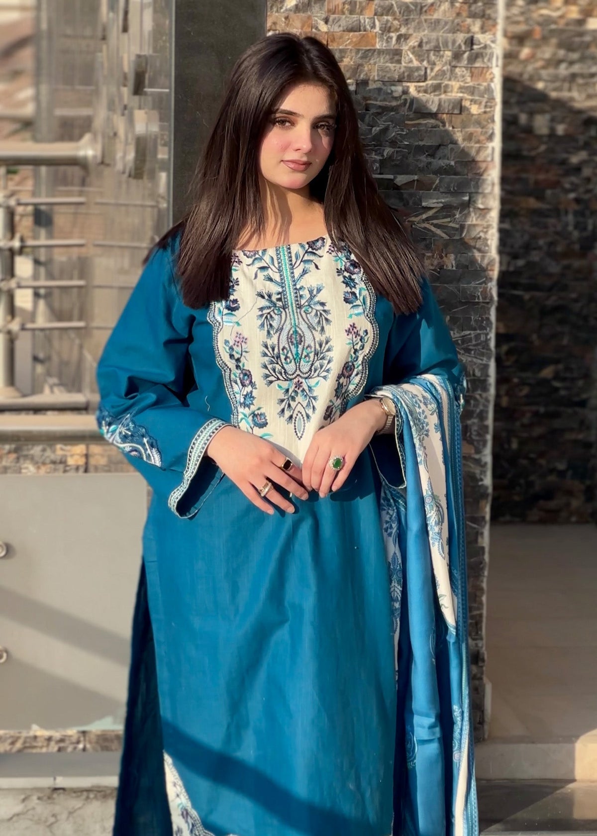 Embroidered Khaddar 3-Piece Suit – Steel Blue, Herringbone Dupatta